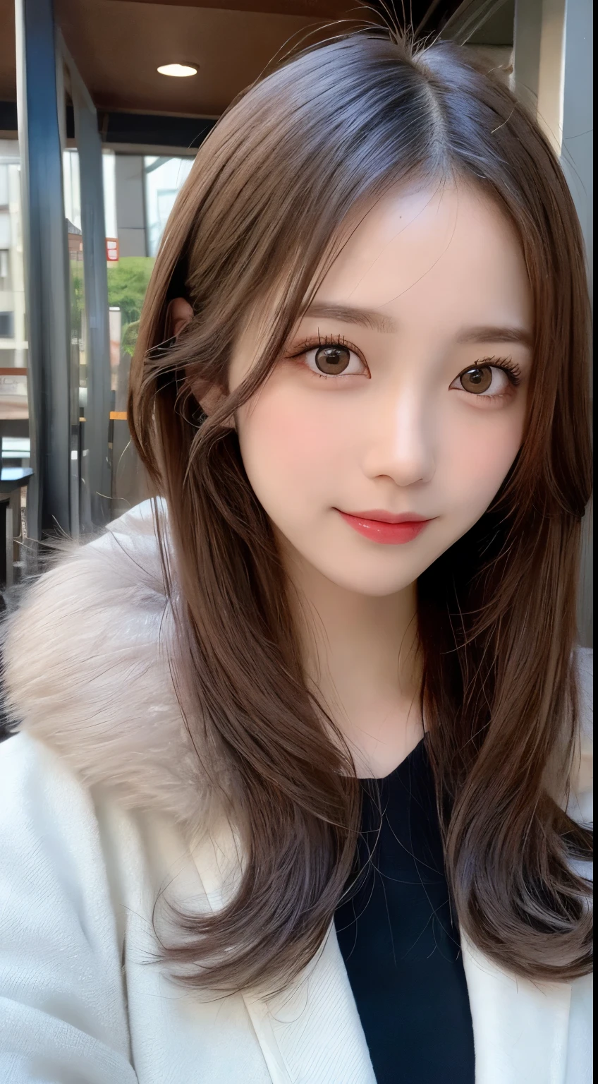 masutepiece, Best Quality, Illustration, Ultra-detailed, finely detail, hight resolution, 8K Wallpaper, Perfect dynamic composition, Beautiful detailed eyes, Fluffy gray Tokyo winter clothes with elegant fur,Medium Hair,small tits,Natural Color Lip, Bold sexy poses,Smile,20 years girl、Cute、Sexy shot looking at camera,Always blur the background,Perfect and beautiful face,Take only the face,beautiful and detailed face、slim face and style、Big eyes、Classy face、beautifull detailed face、KPOP Idol Face、Japan Idol Face、Big eyes、cafeteria