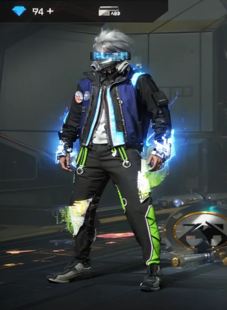 arafed man in a blue jacket and black pants standing in a room, mechanic punk outfit, full portrait of electromancer, cyber punk setting, cyber future jacket, cyberpunk outfit, cyberpunk flame suit, cyber universe style, cyberpunk suit, chrome outfit, cyber suit, energetic varia suit, cyberpunk style outfit, wearing netrunner clothing, futuristic attire