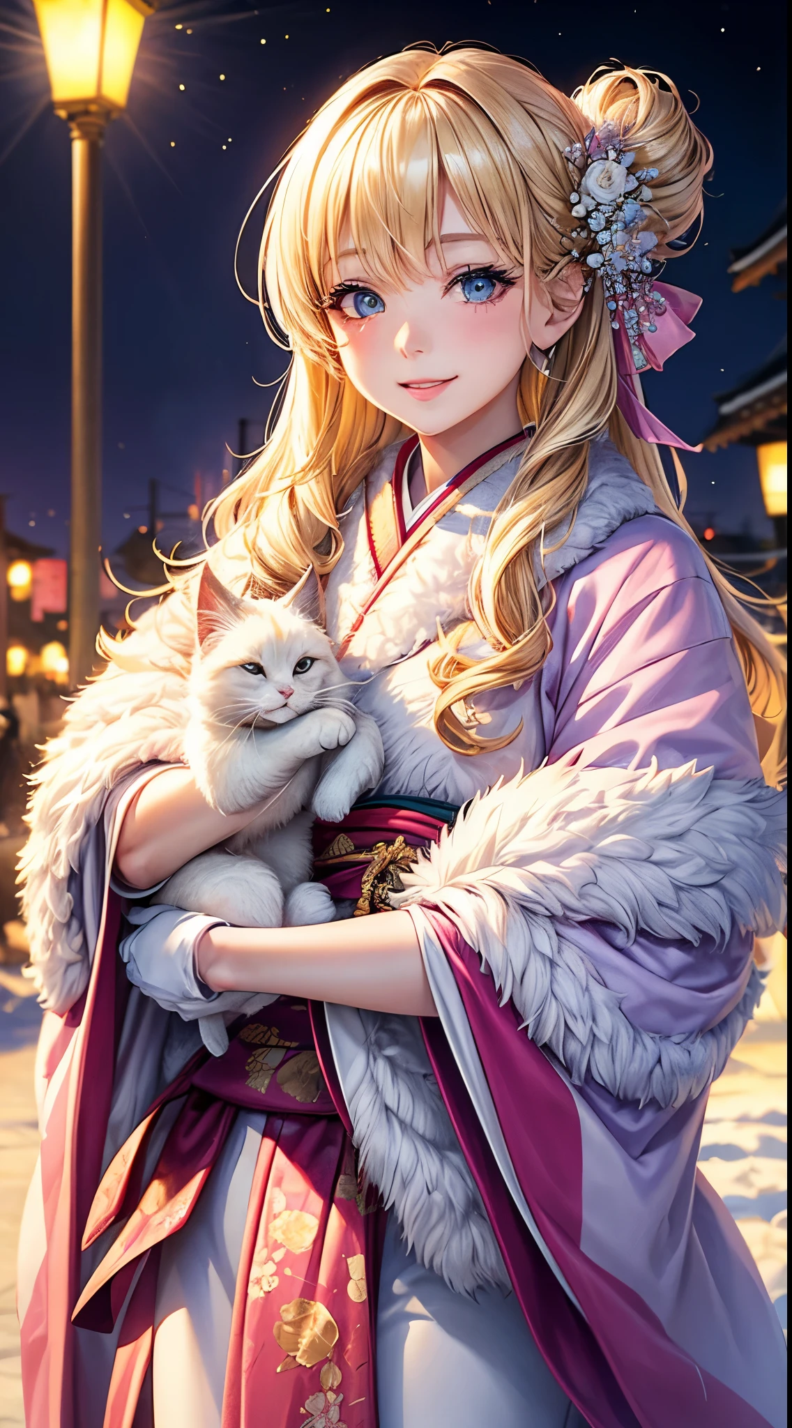 Very detailed CG Unity 8K wallpaper, Cute One Girl, Mature blonde girl, beautiful  Girl, hot maiden, pale skin (Super masterpiece, Beautiful person, well detailed face polluted smile, Photorealistic, hyper realisitic), colorful winter pink kimono 、has white fur、 Wearing white gloves,Japanese Style Hair Accessories、A girl holding a cute white cat in her arms,  (Light Lighting)、smil,Upper body 、Japan background