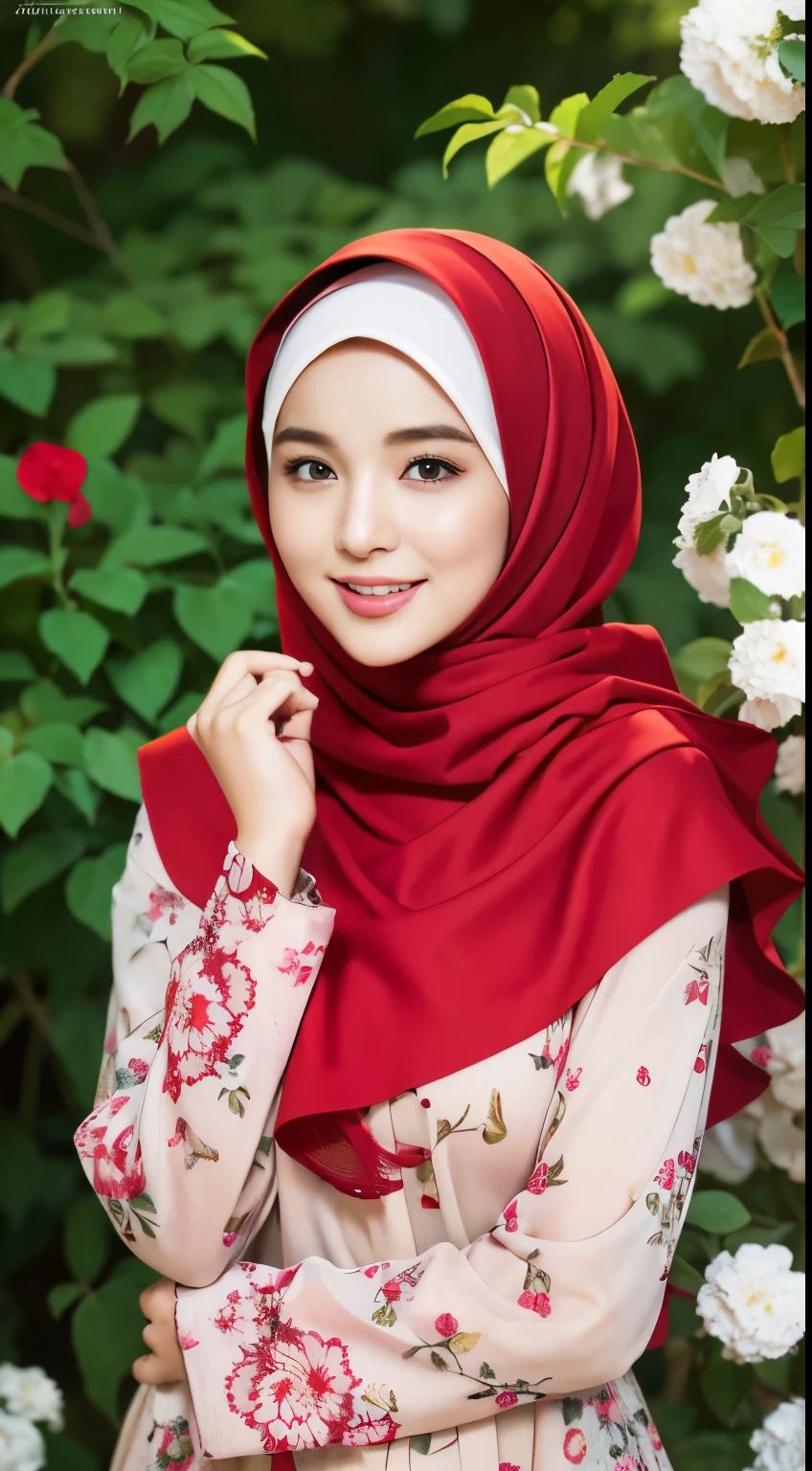 a beautiful young Russian woman,have a charming calm face,white skin wearing long red hijab and dragon,black long sleeve t-shirt,lightning long skirt ,sitting on the floor of the mosque terrace,near the house pillar,looking ahead,friendly view,focus image,bokeh background,afternoon,adjustable lighting,detailed and realistic