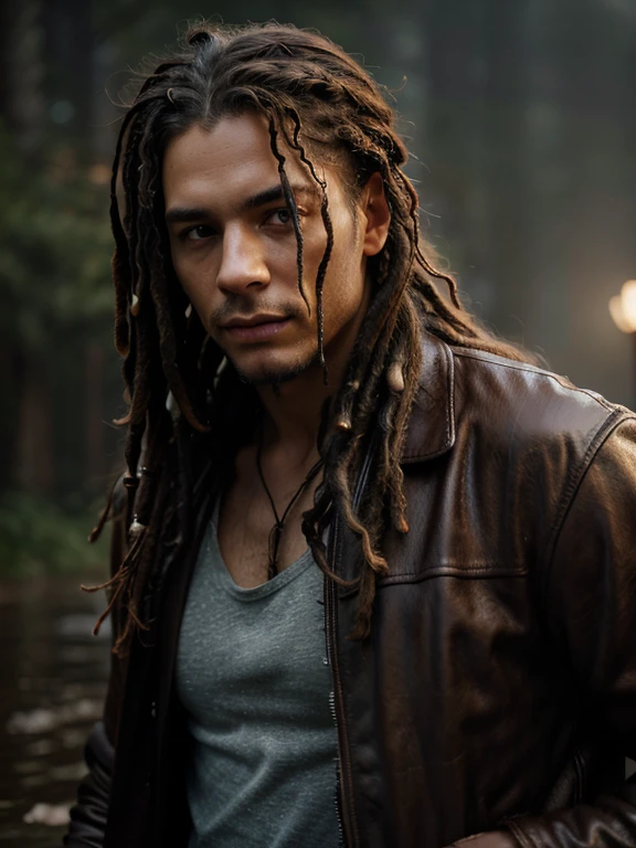 Rain, wilderness, man with leather jacket, dreadlocks, steamy, haze, Timeless, ethereal, Hyper-realistic, Ultra photo realism, tmasterpiece, 8k, in focus, Detailed hair, highly detailed, high quality, High definition, cinematic perspective, rainy weather