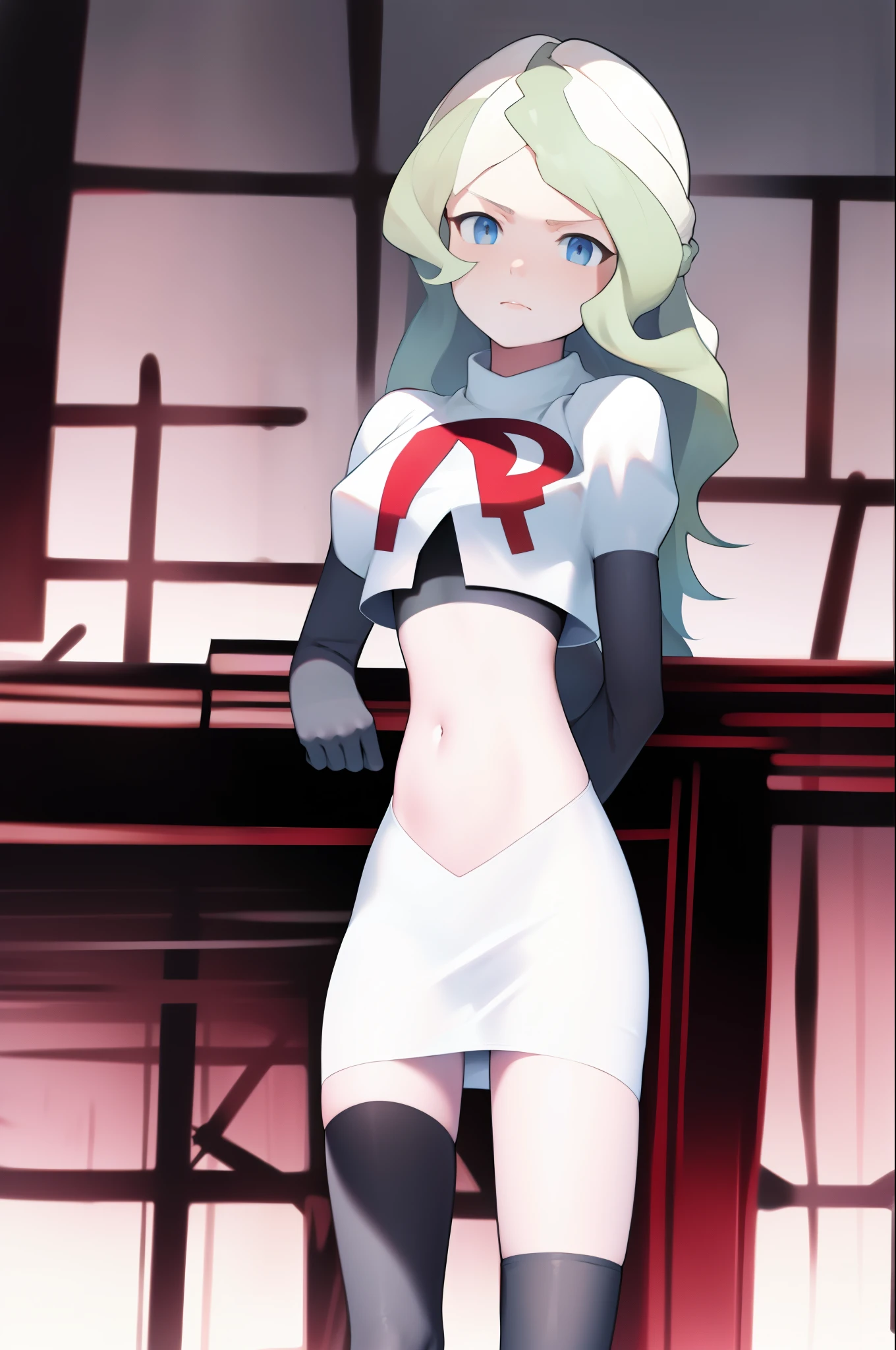 masterpiece, best quality, absurdres, perfect anatomy, 1girl, solo, DianaCavendish, long hair, DianaCavendishBase, team rocket,team rocket uniform, red letter R, white skirt,white crop top,black thigh-highs,black elbow gloves,