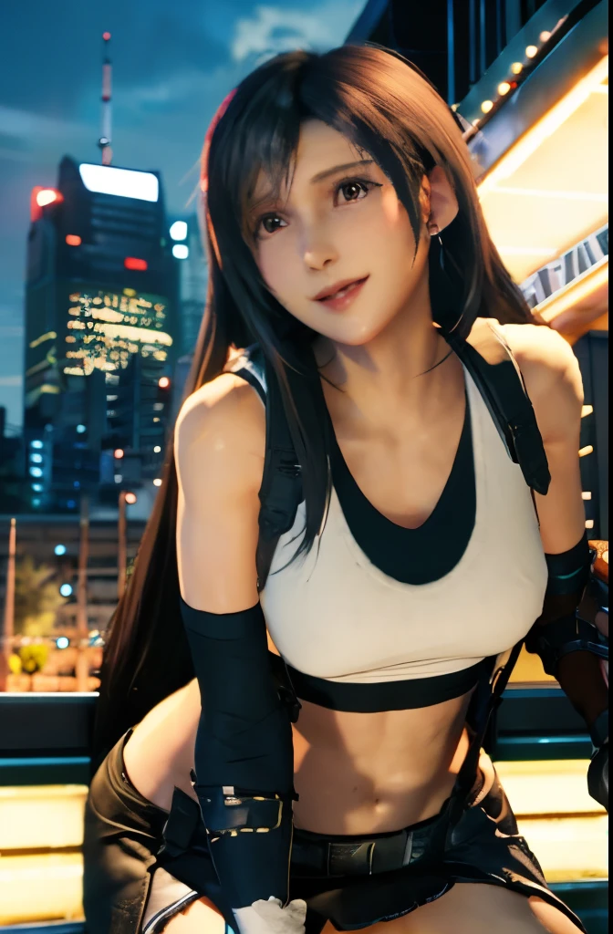 masterpiece, best quality, defTifa, white crop top, elbow pad, fingerless gloves, suspenders, pencil skirt, upper body, looking at viewer, leaning forward, smile, bar, city at night