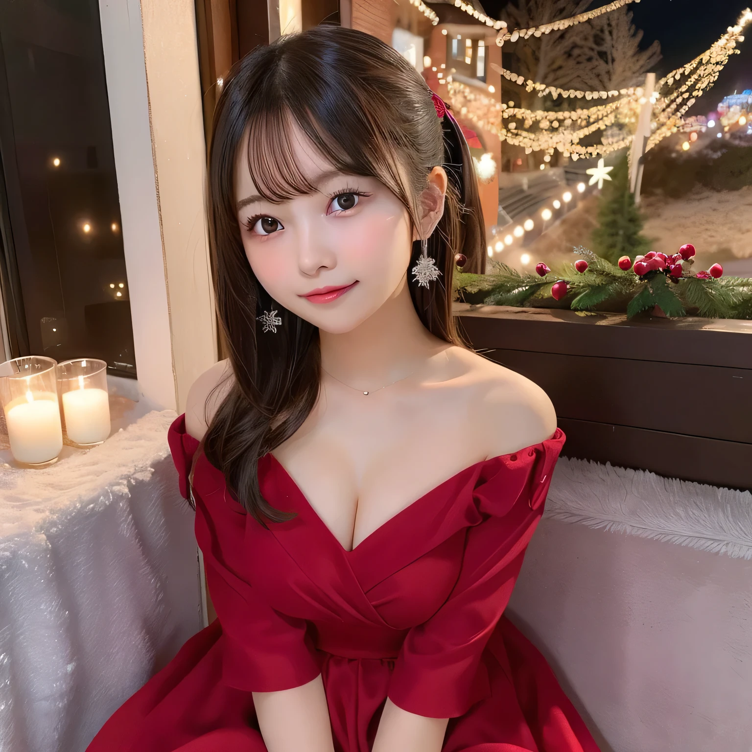 1girl in, Extremely cute face(girl in a beautiful red dress),Half-sleeved、おa navel、Beautiful valley、Big breasts、Christmas,Fun atmosphere,Twinkling lights,soft snowflakes fall,Best Quality,4K,Ultra-detailed,Vibrant colors,Cozy,romantic,breathtaking scenery,Warmth,Happiness,Holiday spirit,Winter wonderland,pure love and kindness.、off shoulders、I keep my hair up and short、a baby face、a navel、nogizaka、Beautiful black eyes:1.３、17-year-old schoolgirl、sexypose