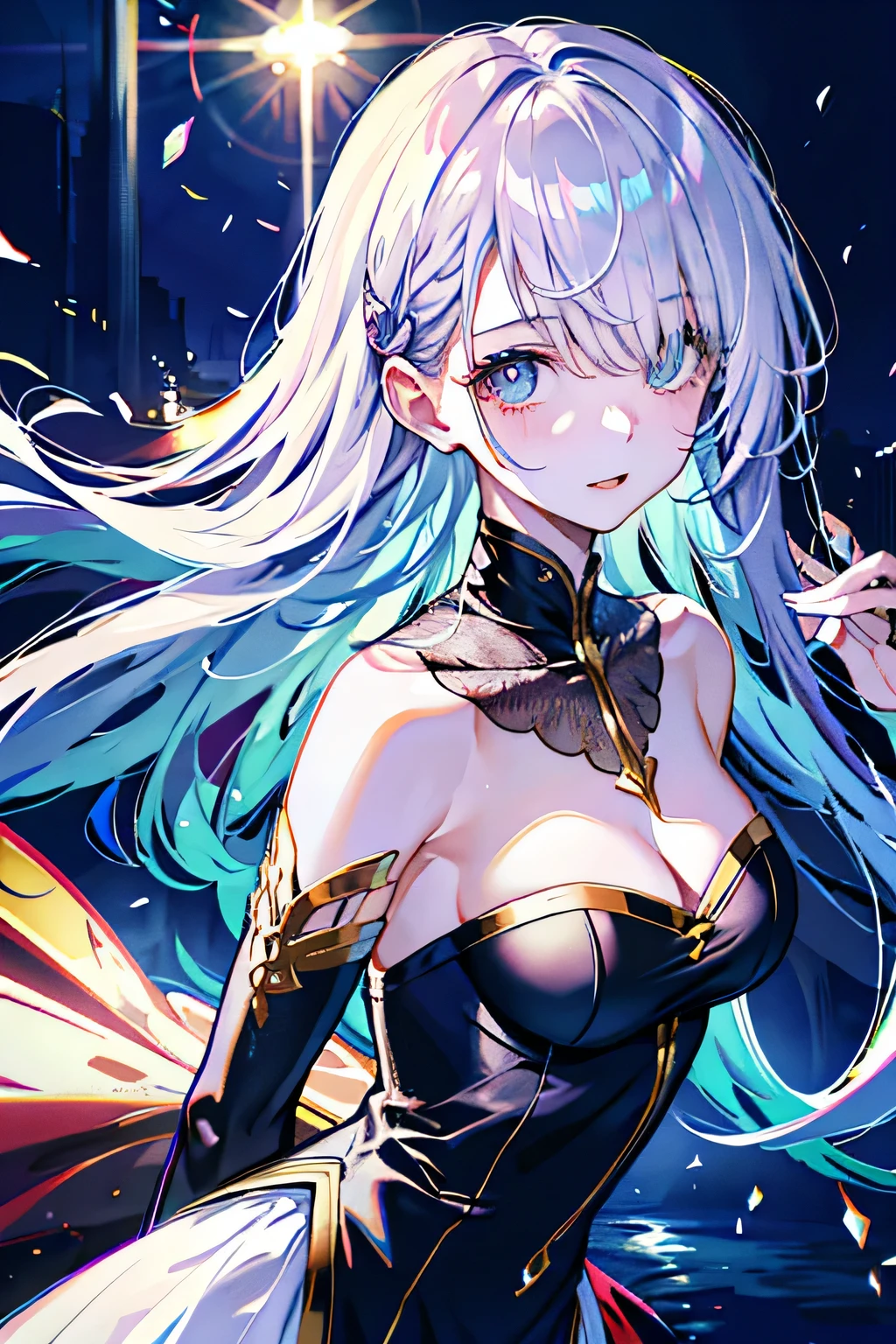 (best quality, detailed background, highres, absurdres, bloom, disheveled hair, shiny hair, exposed in lighting, bright pupils, dedicated detailed eyes),
1girl, earpiece, long hair, silver hair, large_breasts, arms behind back, daytime, outdoors, forest, water, creeks,
hair_ornament, (hair over one eye),  upper body, portrait,