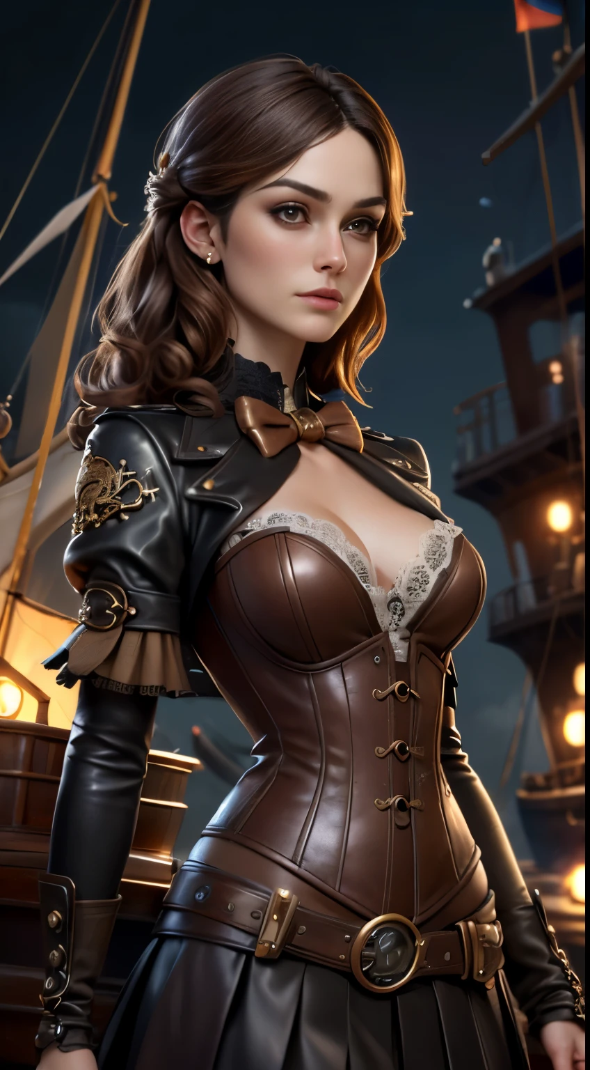 photo of Keira Knightley, RAW, beautiful woman, ((portrait)), ((detailed face:1.2)), ((detailed facial feature, detailed skin, clear skin), (perfect proportioned body, medium breasts), (wearing steampunk outfit with lace, leather corset, ornamental copper parts, portrait, pleated skirt), (kneeling on deck, arms behind head: 1.2), (high detailed steampunk ship, on the bow of a pirate ship), (realistic photo, best quality, detailed), (8k wallpaper), (cinematic lighting, dramatic lighting) (sharp focus, intricate)