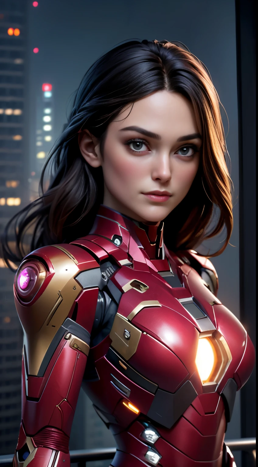 photo of Keira Knightley, RAW, beautiful woman, ((portrait)), ((detailed face:1.2)), ((detailed facial feature, detailed skin, clear skin), (perfect proportioned body, medium breasts), (wearing futuristic Iron Man suit, black and pink color scheme, highly detailed) (high detailed city environment, apartment balcony), (realistic photo, best quality, detailed), (8k wallpaper), (cinematic lighting, dramatic lighting) (sharp focus, intricate)