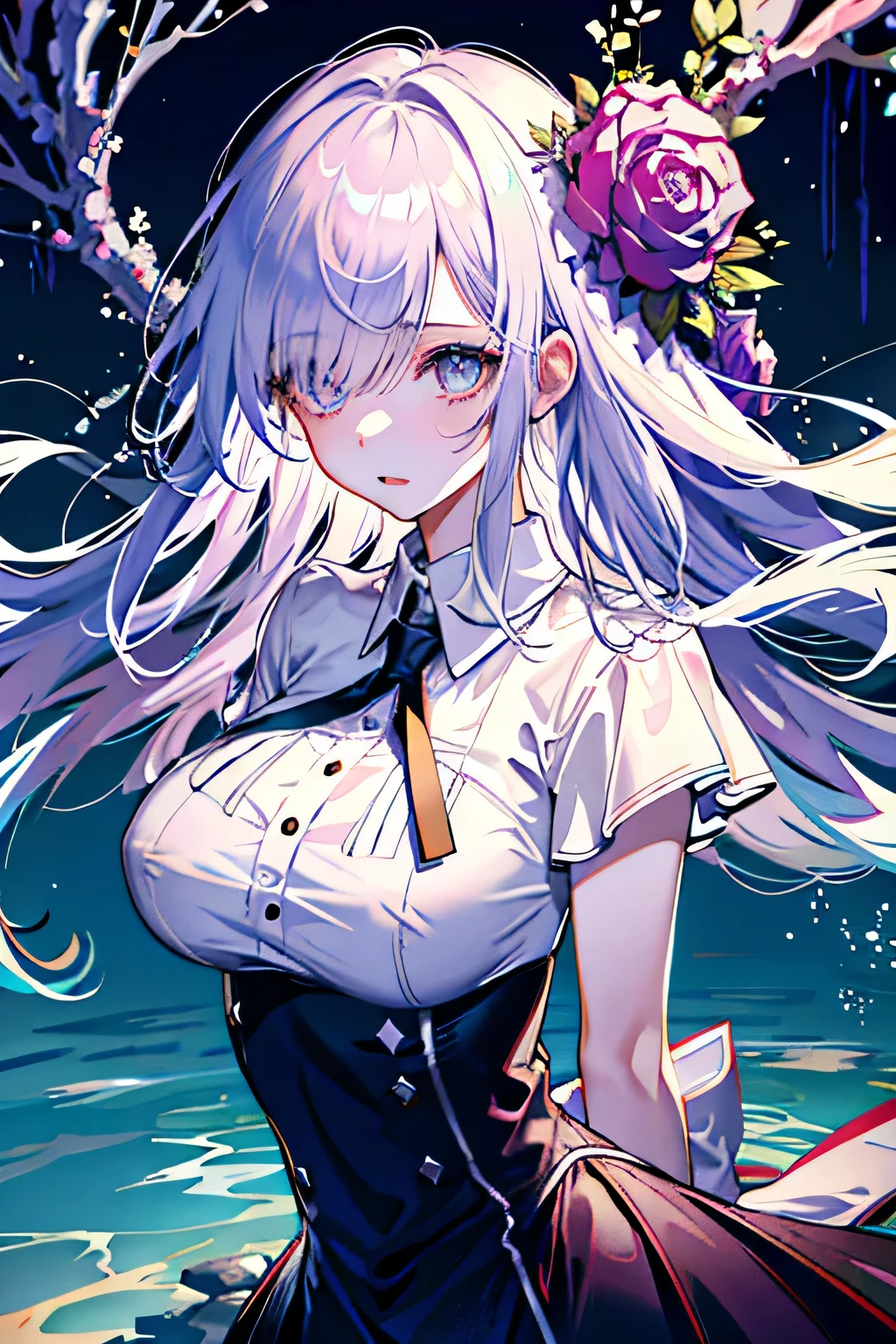 (best quality, detailed background, highres, absurdres, bloom, disheveled hair, shiny hair, exposed in lighting, bright pupils, dedicated detailed eyes),
1girl, earpiece, long hair, silver hair, large_breasts, arms behind back, daytime, outdoors, forest, water, creeks,
hair_ornament, (hair over one eye),  upper body, portrait,