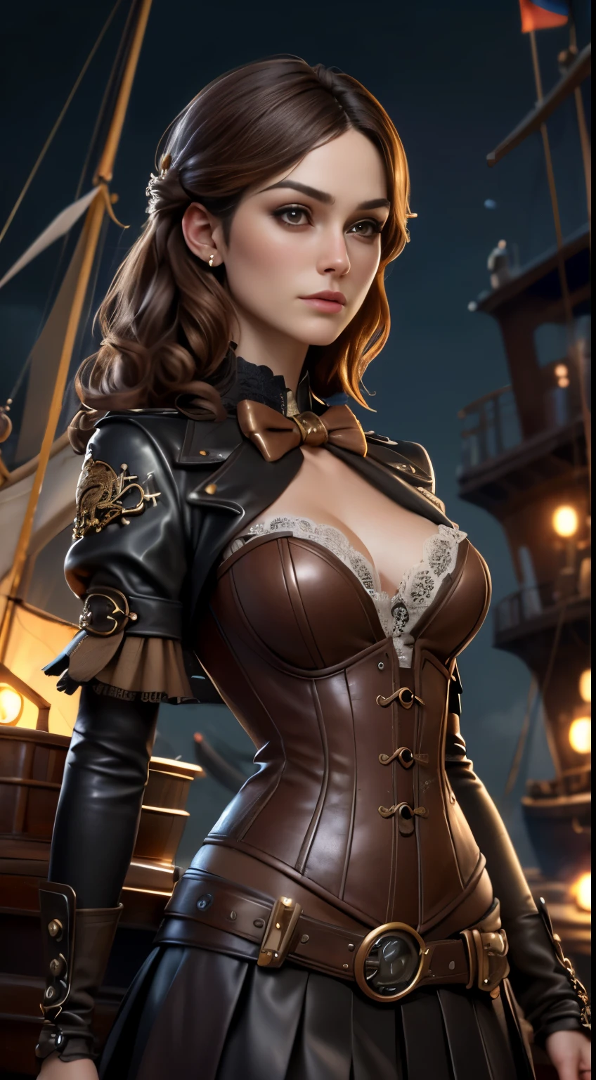 photo of Keira Knightley, RAW, beautiful woman, ((portrait)), ((detailed face:1.2)), ((detailed facial feature, detailed skin, clear skin), (perfect proportioned body, medium breasts), (wearing steampunk outfit with lace, leather corset, ornamental copper parts, portrait, pleated skirt) (high detailed steampunk ship, bow of a steam boat), (realistic photo, best quality, detailed), (8k wallpaper), (cinematic lighting, dramatic lighting) (sharp focus, intricate)