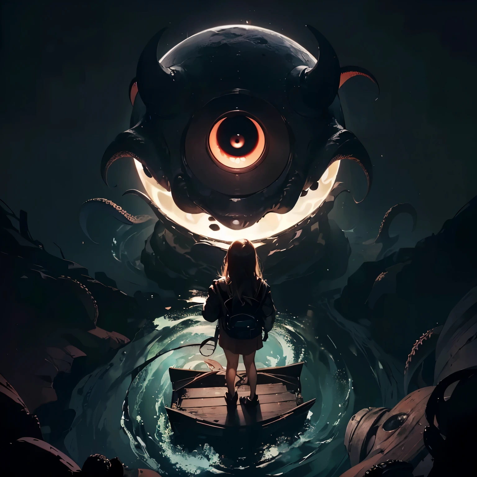 ( Masterpiece, best quality , shot from above, 100mm lens, fisheye:1.4), ((pov from above:1.4)), (( (( standing on old wooden boat flowing downstream on styxx river in pitch darkness of infinite void )):1.6, (far away a planetary size eye ball with tentacles in background filling up the sky:1.6, in its presence we feel tiny:1.1, it looks down on us, there is something lurking in the darkness maybe it is Cthulhu and his tentacles:1.1 ), eerie feeling, walking away from viewer, looking in front, looking ahead:1.6, back towards against viewer )), (1girl, 25yo, long hair, dark hair , wearing backpack and wearing jacket and skirt ), (centred and symmetric composition, 8K, under exposure:1.8, UHD)