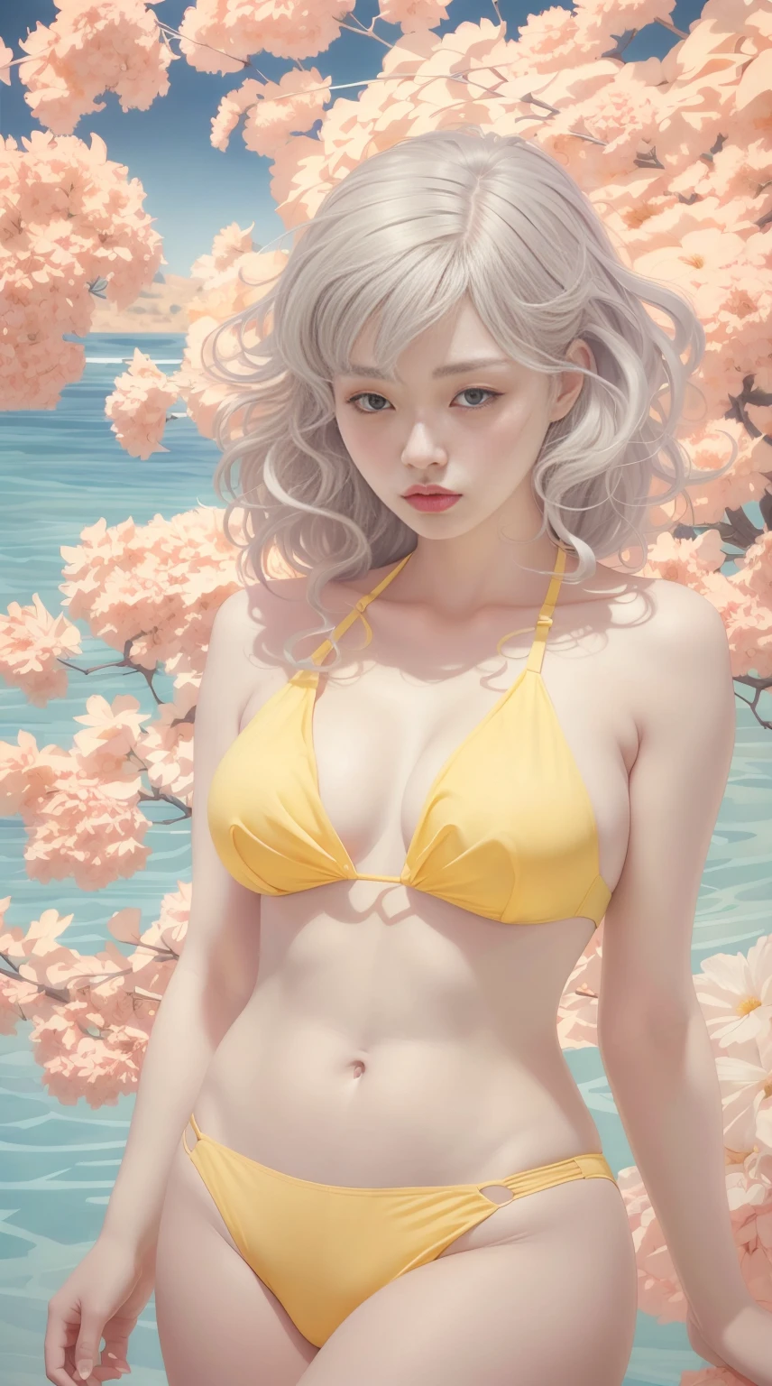 A beautiful woman, wearing yellow bikini, top quality, realistic, super detailed, 8k