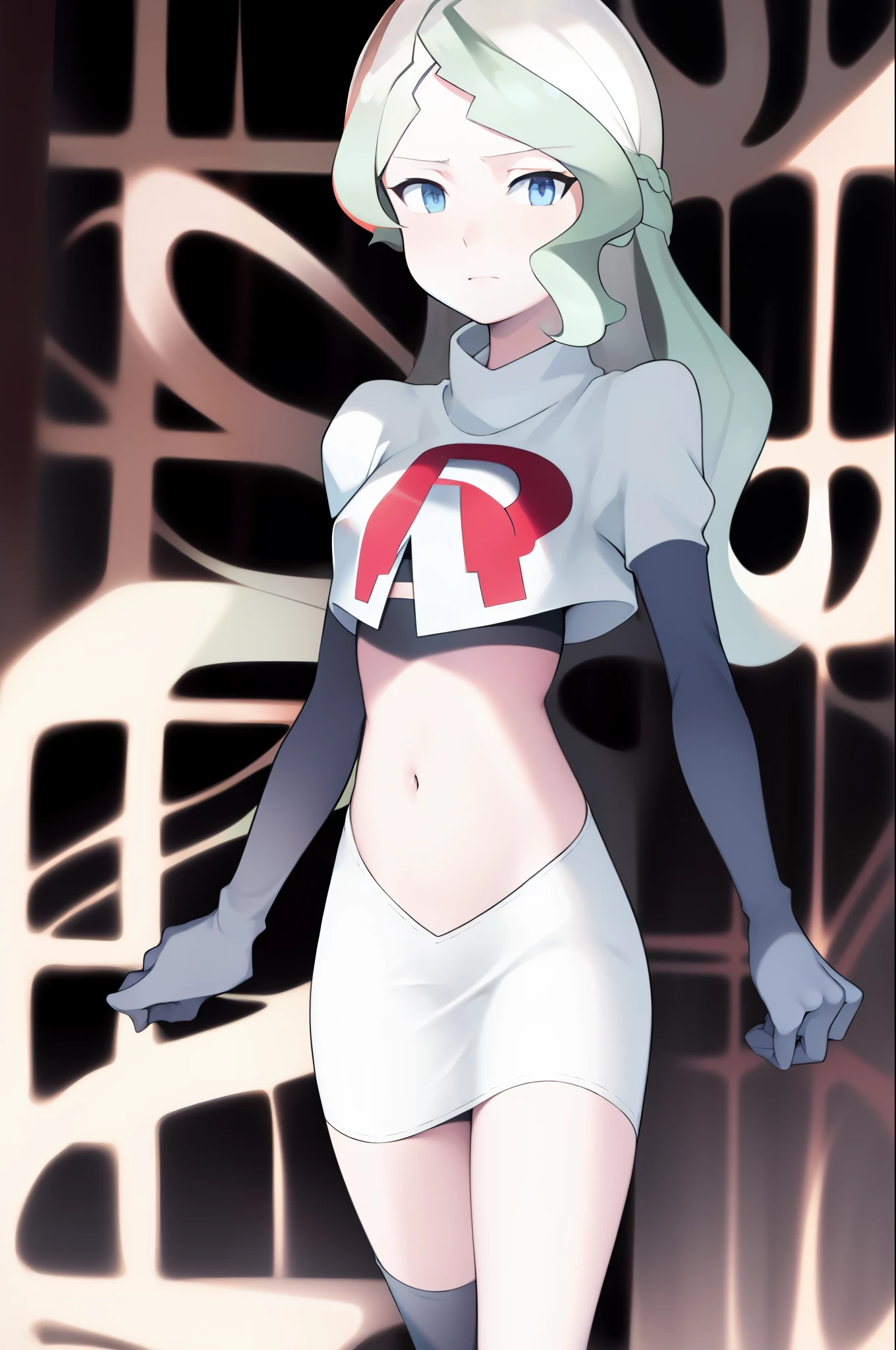 masterpiece, best quality, absurdres, perfect anatomy, 1girl, solo, DianaCavendish, long hair, DianaCavendishBase, team rocket,team rocket uniform, red letter R, white skirt,white crop top,black thigh-highs,black elbow gloves,