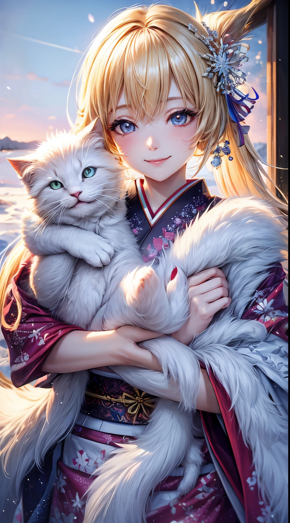 Very detailed CG Unity 8K wallpaper, Cute One Girl, Mature blonde girl, beautiful Girl, hot maiden, pale skin (Super masterpiece, Beautiful person, well detailed face polluted smile, Photorealistic, hyper realisitic), colorful winter pink kimono 、has white fur、 Wearing white gloves,Japanese Style Hair Accessories、A girl holding a cute white cat in her arms, (Light Lighting)、smil,Upper body 、Japan background