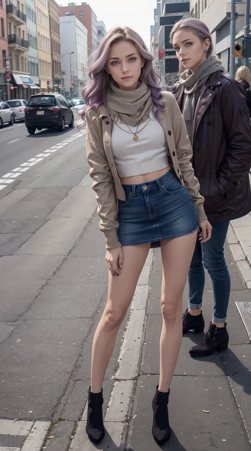 24-year-old Caucasian woman、Hair color is a gradation of brunette and purple、Hair is wavy、Eye color is blue、Longhaire、A slender、a smile、wearing a knit top、I'm wearing a miniskirt、Wearing a jacket、I'm wearing pin heels、Being on a street corner、Wearing a scarf around your neck、He stands with his legs spread and his crotch sticking out.