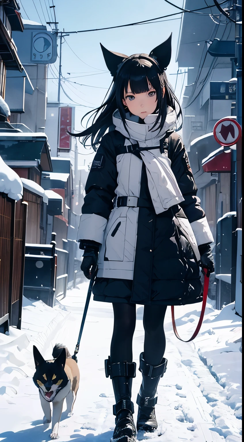 Charles Folkard, Masamune Shirow, Surreal, mysterious, strange, fantastical, fantasy, Sci-fi, Japanese anime, winter dusk, snow flickering, urban landscape, beautiful girl taking a dog for a walk, perfect body, spaceship, detailed masterpiece perspectives vanishing points