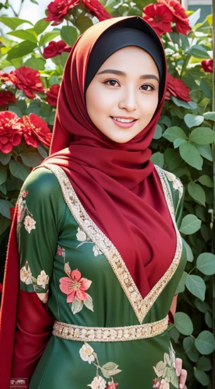 (8K, Raw photography, best quality, masterpiece: 1.2), ultra-detailed art, high resolution, (Photorealistic, Photorealistic photography: 1.37), High Detail RAW Color Photography, professional photography, very smooth and beautiful, highly detailed, Image Wallpaper 8K, stunning and detailed details, large file size, Official artwork, Highly detailed 8K Unity CG wallpapers, Highly detailed beautiful women, extra detailed faces, very detailed eyes, extra detailed fingers, extra realistic, very detailed eyebrows, very detailed facial skin detailed, very detailed fingers, very detailed nose, very detailed mouth, perfect anatomy, very detailed background, (lighting), detailed light rays, (medium chest:1.1), ((sharia hijab clothing:1.1;)), (( petite body)), ((photo of a woman wearing a red hijab with a floral pattern)), ((Muslim woman wearing a red hijab with a floral pattern)), ((full body photo)), medium breasts, thick eyebrows, ((looking at the audience)), ((posing gracefully)), ((standing straight in the flower garden)), hands behind head)), ((both hands behind back)), (spreading armpits), ((smiling face)), happy face, face laughs, top class creative, photos featured throughout, Masterpiece