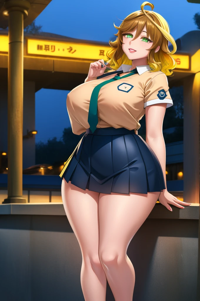 amicia michella - nijisanji, anime style, 1girl, detailed brown short hair, yellow inner hair, wavy thick hair, green eyes, thin lips, painted lips, shy smile face, wide hips, thick thighs, huge round ass, shiny oily breasts, white shirt, navy blue necktie, light blue pleated skirt, plaid pleated skirt, gyaru, full body, night, city, absurdres, high res, ultrasharp, 8K, masterpiece