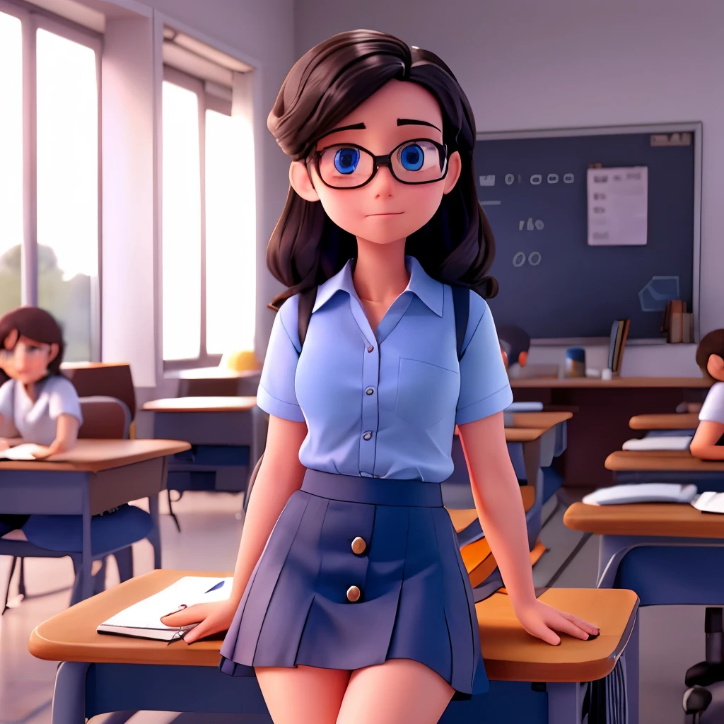 Short skirt button up white shirt dark hair blue eyes glasses sitting on top of desk full body sexy school girl