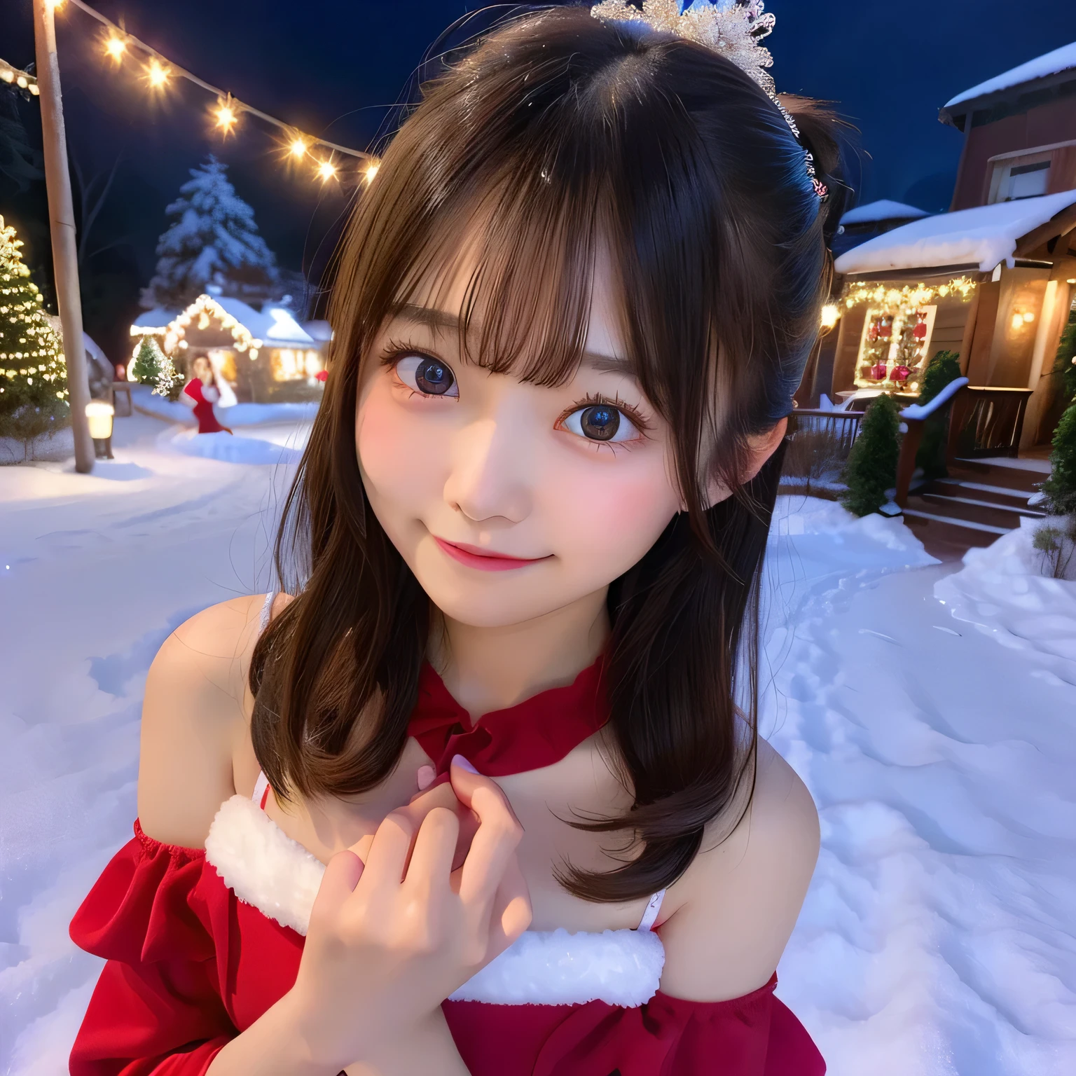 1girl in, Extremely cute face(girl in a beautiful red dress),Half-sleeved、おa navel、Beautiful valley、Big breasts、Christmas,Fun atmosphere,Twinkling lights,soft snowflakes fall,Best Quality,4K,Ultra-detailed,Vibrant colors,Cozy,romantic,breathtaking scenery,Warmth,Happiness,holiday、Christmasツリー,Winter wonderland,pure love and kindness.、off shoulders、I keep my hair up and short、a baby face、a navel、nogizaka、Beautiful black eyes:1.3、17-year-old schoolgirl、sexypose、Fantastic world、illuminations
