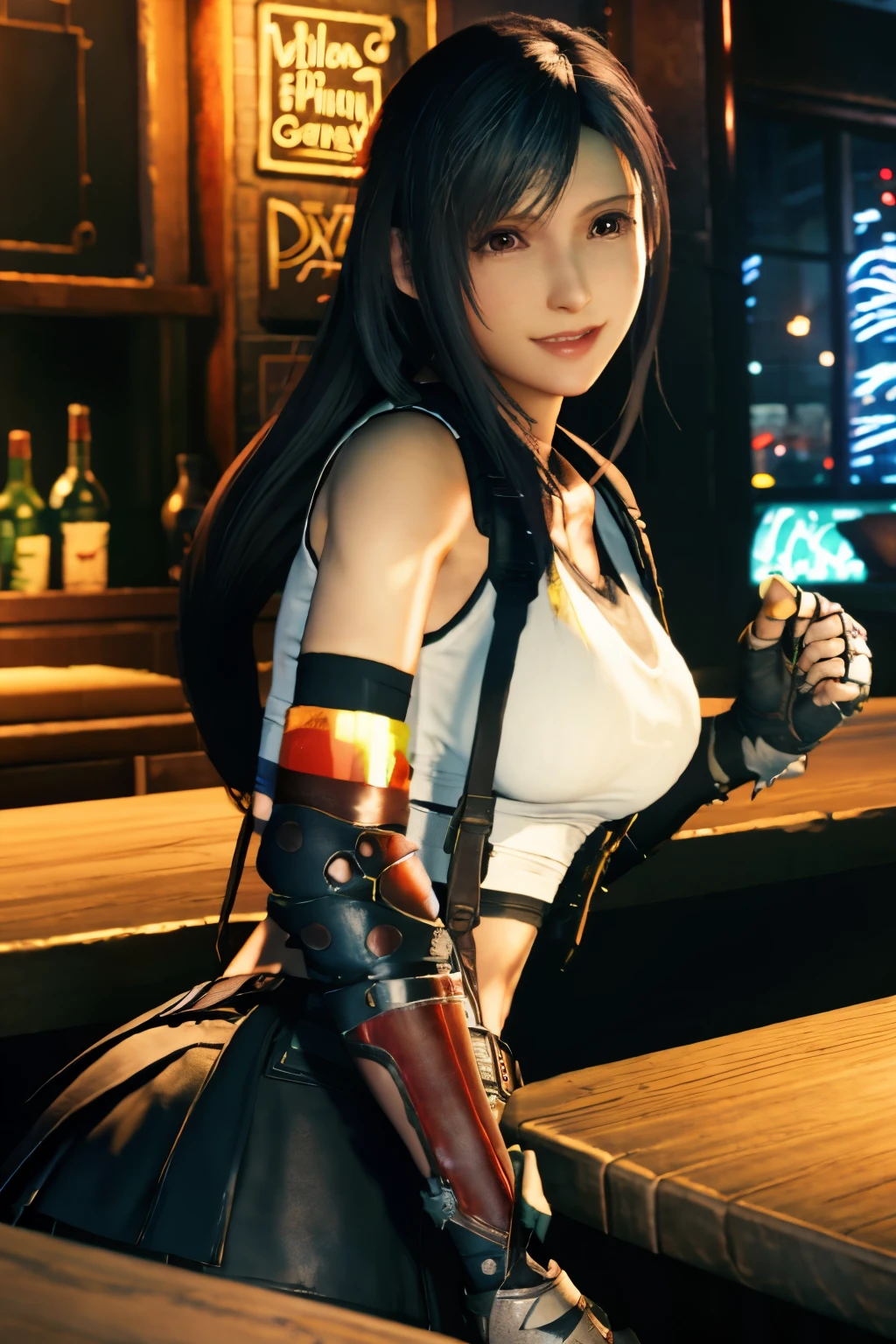 Tifa Lockhart, masutepiece, Best Quality, defTifa, White crop top, elbow pad, Fingerless gloves, suspenders, pencil skirts, Upper body, Looking at Viewer, Leaning forward, Smile, a bar counter, City at night