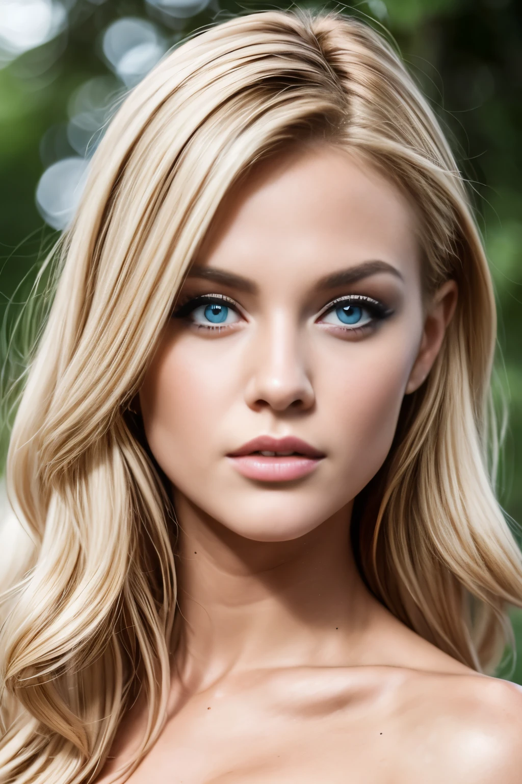 sexy blonde girl 20 years old with big blue eyes and lips. strong facial bone structure and a seductive stare