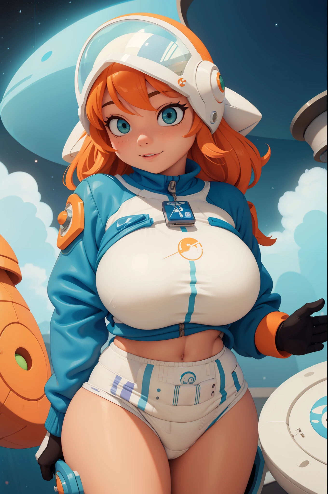 gorgeus voluptuous space scify astronaut girl with a bubble glass helmet in the head, wearing a big diaper, diapered, white and orange, deep green almond-shaped eyes, short blond hair, very small and tight micro bikini, perfect huge breasts, voluptuous wide hips, muscular thighs, muscular arms, sexy voluptuous belly, massive huge cameltoe, space, spaceship, UHD, retina, masterpiece, anatomically correct, textured skin, high details, award winning, best quality, 8k