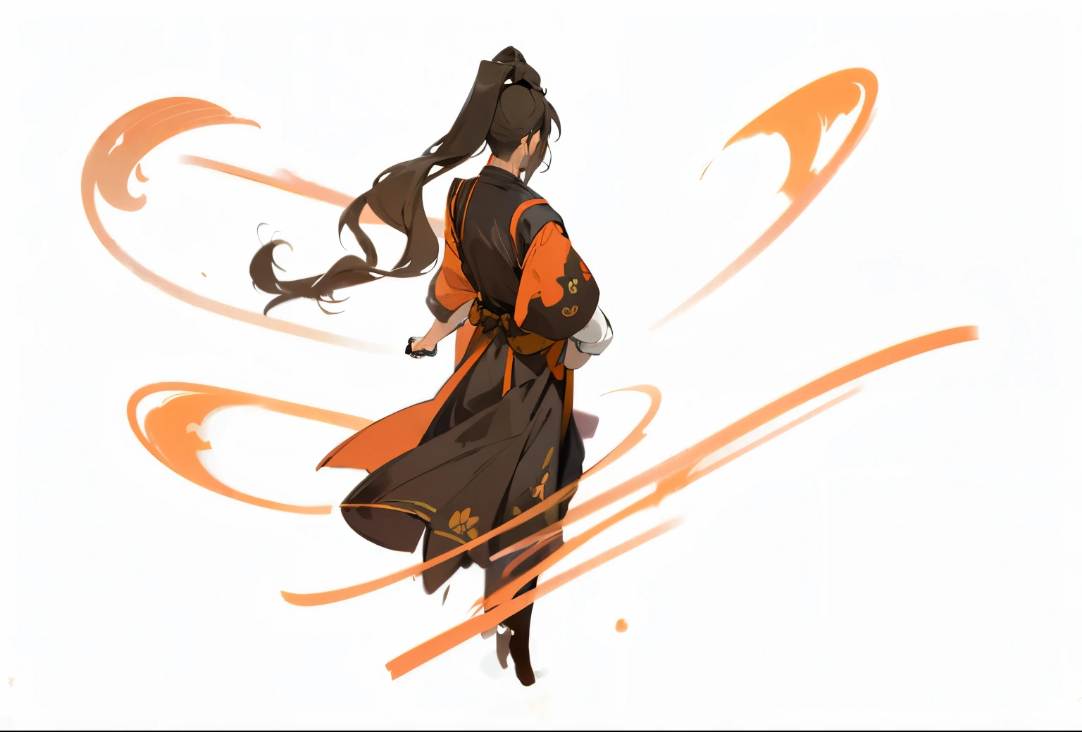 8K,high high quality!!Detail Enhancement!!Highest image quality!!Close-up of the back of a man wearing pants, flowing hair and long robes, antique art style, cloak flittering in the wind, ninja scroll anime style, Inspired by Hoichi Sakai, waving robe motion, inspired by Ma Shi, speedpainting, flowing robe, inspired by somi, antique concept art