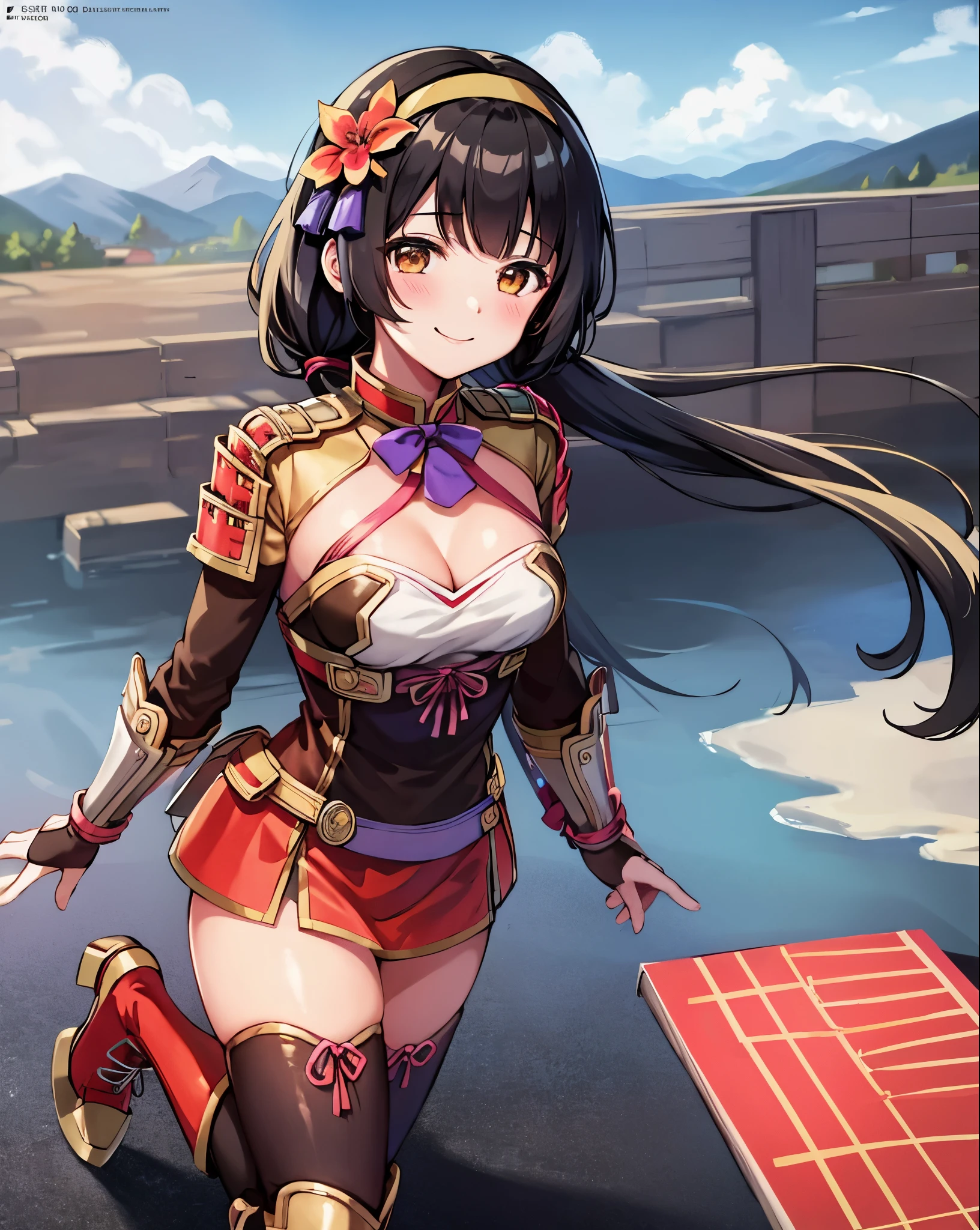 best quality, (masterpiece:1.2), illustration, absurdres, bright colors, vivid colors, (1girl), (solo), (beautiful detailed girl), Naotora Ii, black hair, long hair, low twintails, brown eyes, headband, hair ornament, armor, shoulder armor, cleavage, thighhighs, boots, magical forest, flowers, distant mountains, sky, clouds, looking at viewer, smile, blush, small breasts