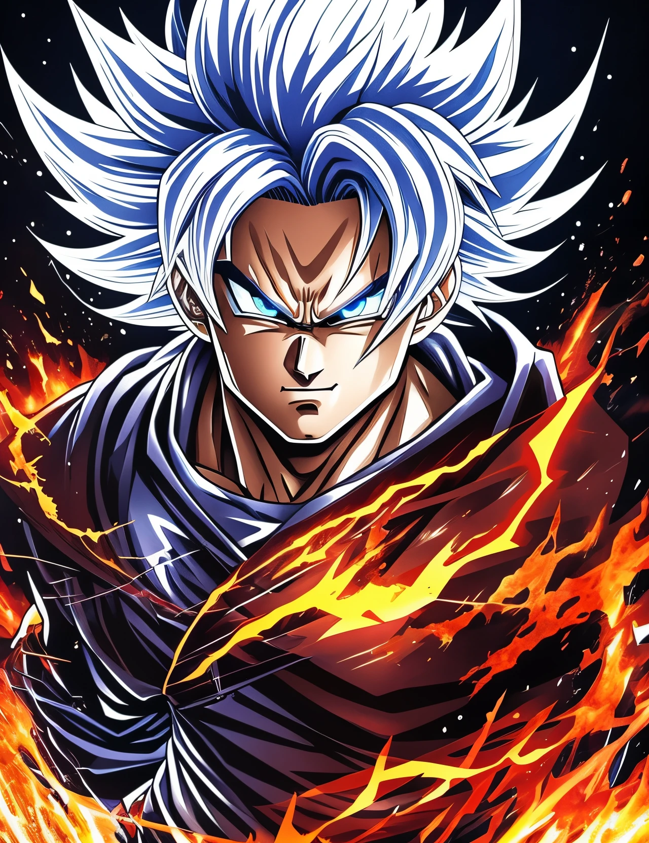 an ultra detailed illustration of vector t shirt design features Goku from dragon ball z, super Saiyan, full of rage, gothic style, dark fantasy, evil splash, hyper detailed, 32k resolution, white background --auto --s2
