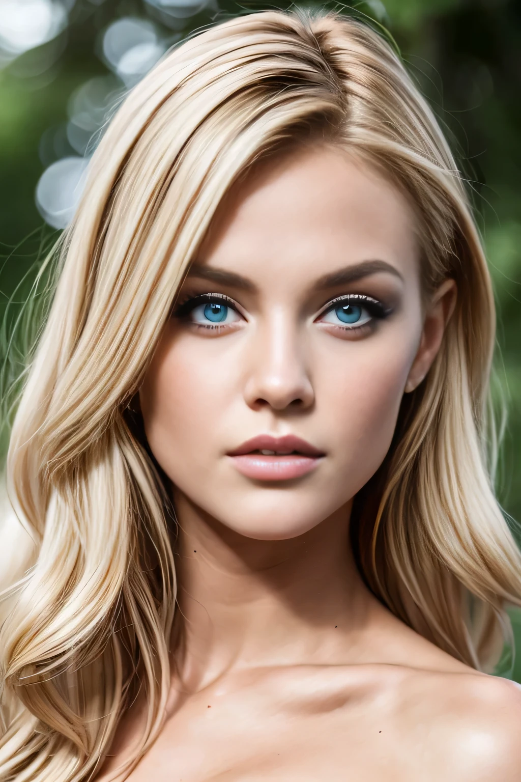 sexy blonde girl 20 years old with big blue eyes and lips. strong facial bone structure and a seductive stare