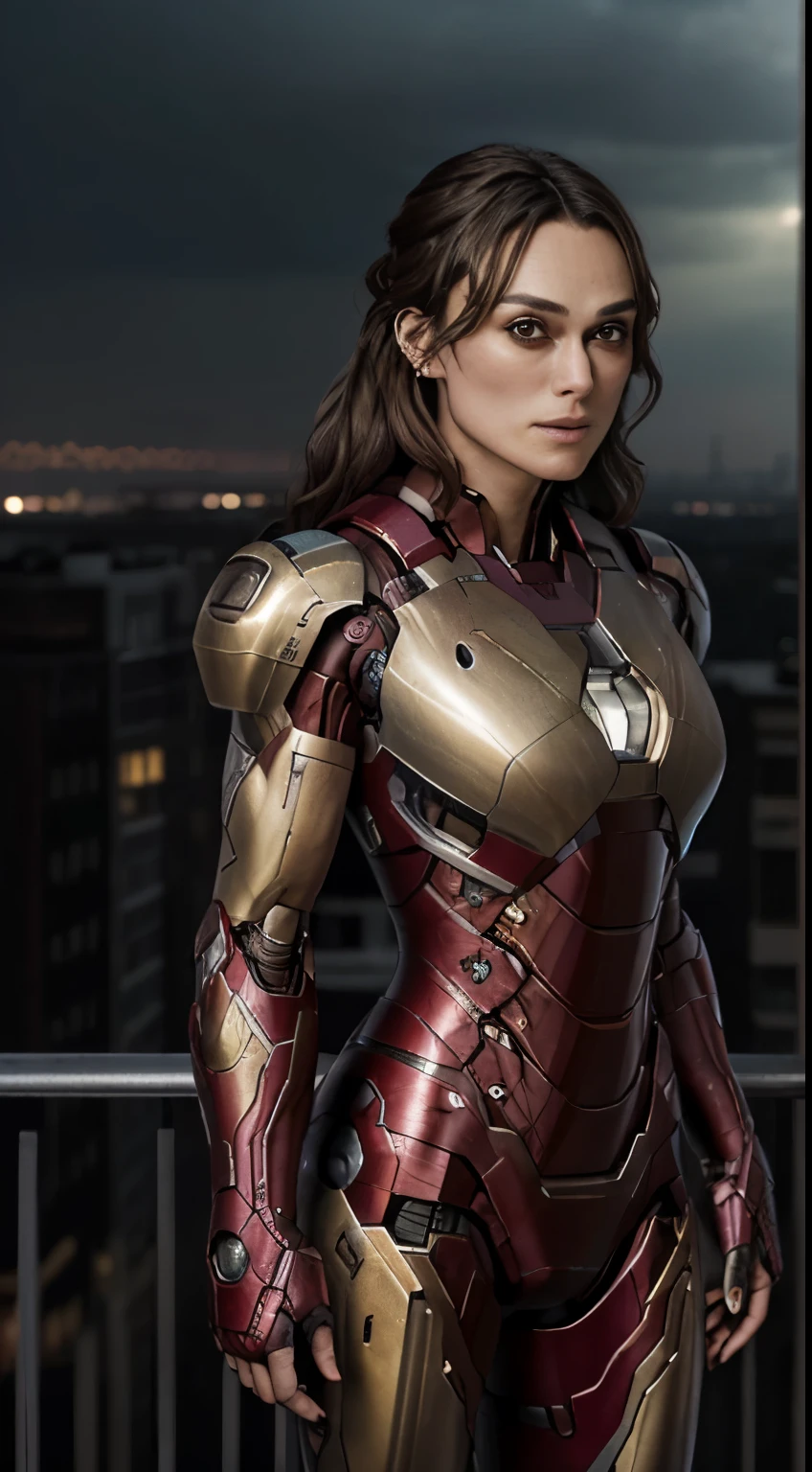 photo of Keira Knightley, RAW, beautiful woman, ((portrait)), ((detailed face:1.2)), ((detailed facial feature, detailed skin, clear skin), (perfect proportioned body, medium breasts), (wearing futuristic Iron Man suit, black and pink color scheme, highly detailed) (high detailed city environment, apartment balcony), (realistic photo, best quality, detailed), (8k wallpaper), (cinematic lighting, dramatic lighting) (sharp focus, intricate)