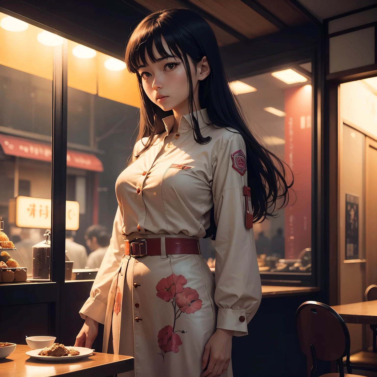 Ewa Salamon, Katsuhiro Otomo, Surreal, mysterious, strange, fantastical, fantasy, Sci-fi, Japanese anime, quantum branching multiple realities, beautiful girl who wants to eat pudding, perfect body, night cafe, detailed masterpiece cinematic lighting