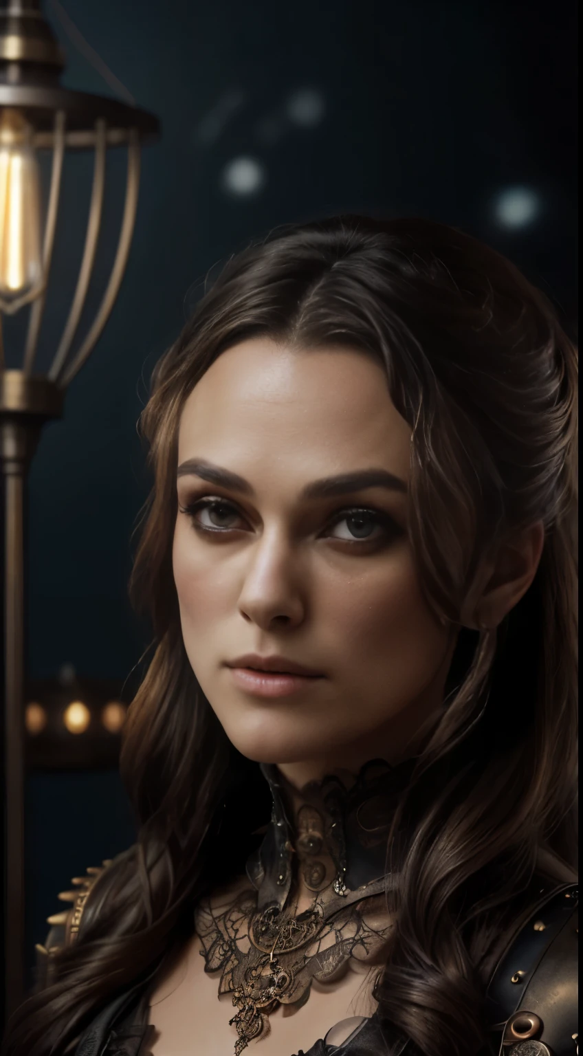 photo of Keira Knightley, RAW, beautiful woman, ((portrait)), ((detailed face:1.2)), ((detailed facial feature, detailed skin, clear skin), (perfect proportioned body, medium breasts), (wearing steampunk outfit with lace, leather corset, ornamental copper parts, portrait, pleated skirt) (high detailed steampunk ship, bow of a steam boat), (realistic photo, best quality, detailed), (8k wallpaper), (cinematic lighting, dramatic lighting) (sharp focus, intricate)