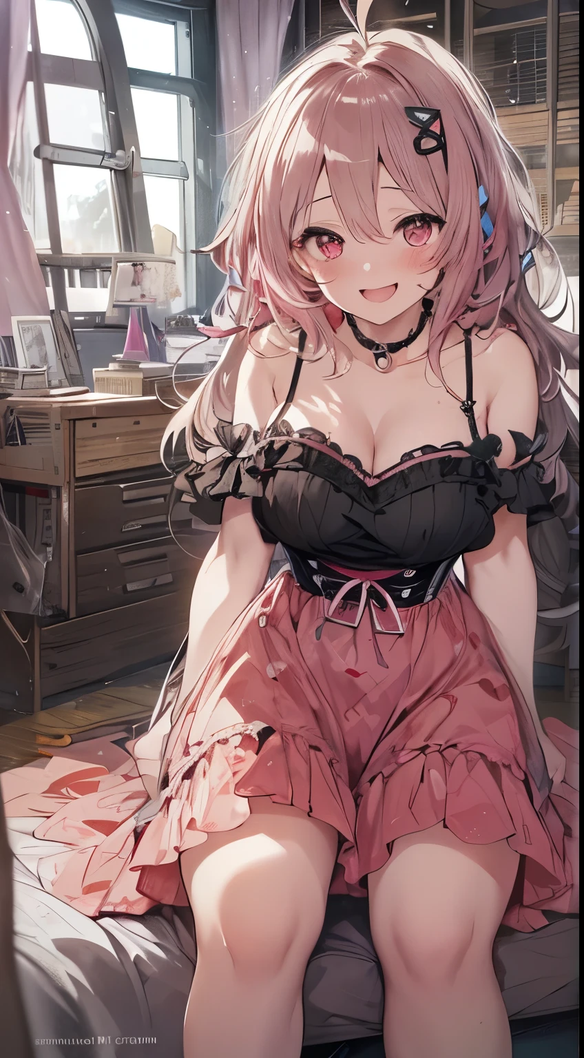 (small tits、1girl in、Put one hand on your face、Heart-shaped pupil,Red and Black theme,(blush:1.1),Choker,《trembling》,heart mark,(Smaller chest), ((Heavy breathing:1.3)), Smile, Evil smile, Laughing, Cute,full body Esbian、top-quality、masutepiece、1 Masterpiece Girl、Cheek makeup、loose, Pink frilly clothes inspired by yandere、I have very large dark circles under my eyes、Lolita Fashion、Colorful long hair、《Messy room》、Smile,, Evil smile, Laughing, Cute,
