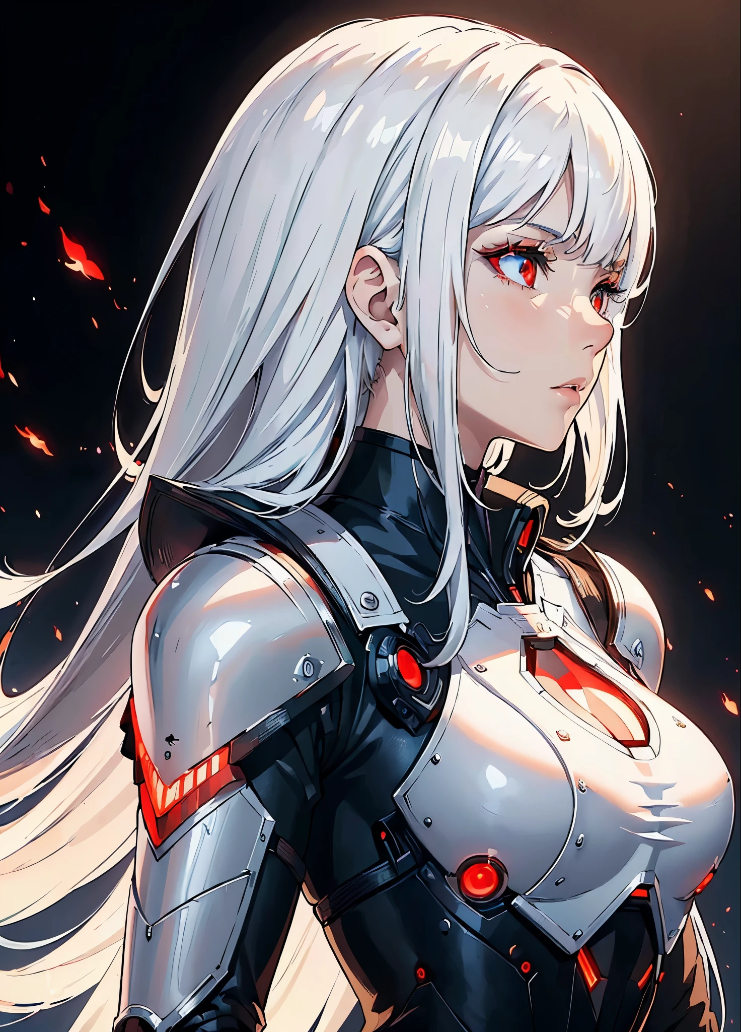 ((masterpiece:1.4, best quality:1.2)), 1girl, solo focus, tall female, delicate face, stern expression, extremely detailed anime face and eyes, beautiful white armor, hourglass figure, white hair, gradient hair, very long hair, red eyes, glowing eyes, cyberwear on face, holding plasma katana, striking, futuristic setting, white background, profile,
