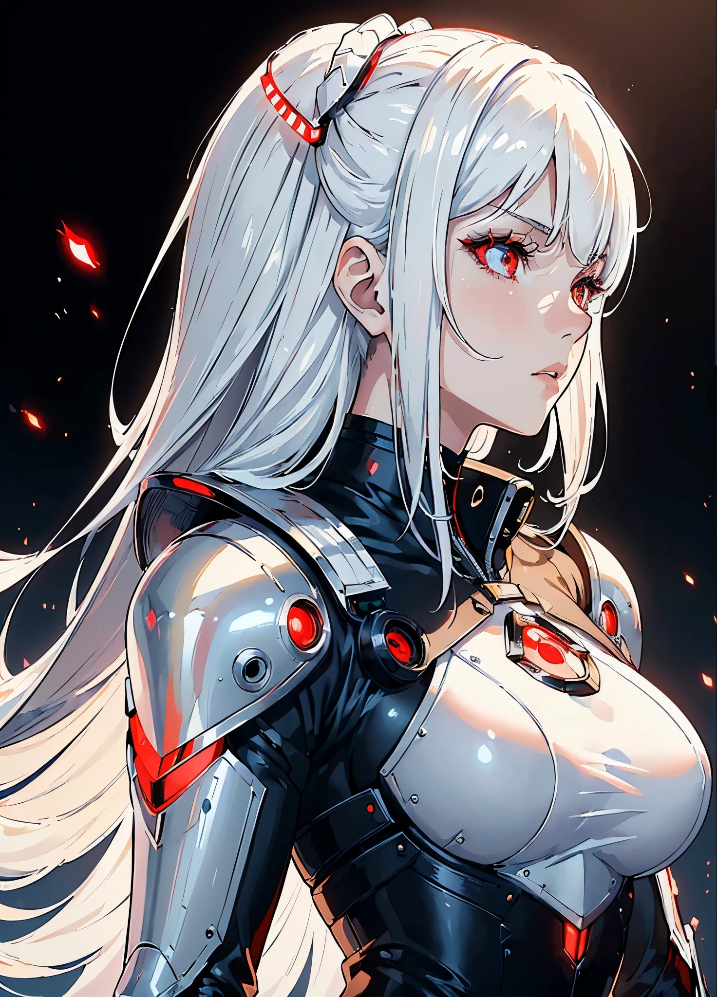 ((masterpiece:1.4, best quality:1.2)), 1girl, solo focus, tall female, delicate face, stern expression, extremely detailed anime face and eyes, beautiful white armor, hourglass figure, white hair, gradient hair, very long hair, red eyes, glowing eyes, cyberwear on face, holding plasma katana, striking, futuristic setting, white background, profile,