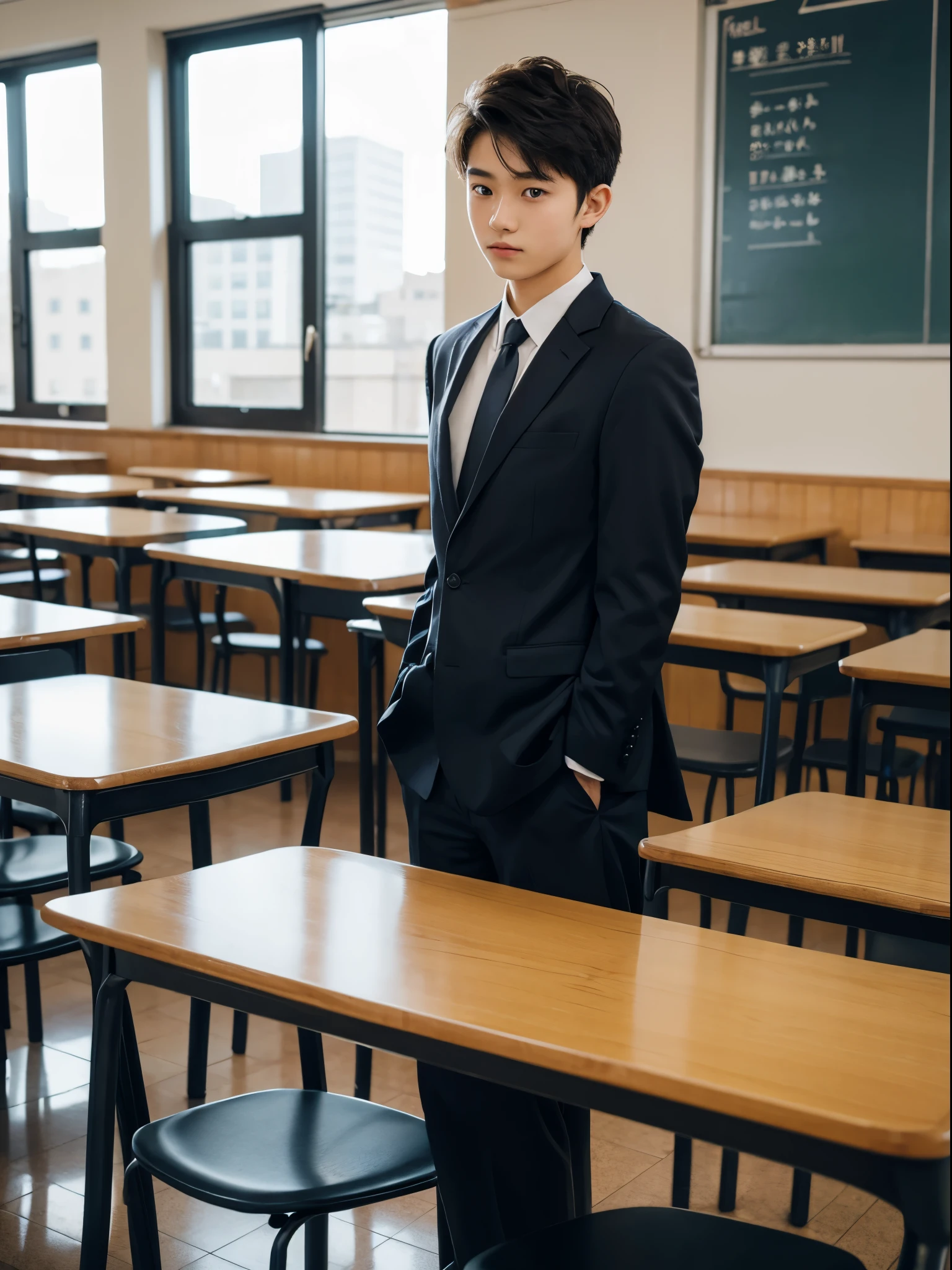 1 Korean teenage boy,multiple student in classroom, student president, handsome, turn half face, standing nude sideways turn back to viewer , showing his nude body, classroom, table, chair, sunlight,working guy,, full body shot