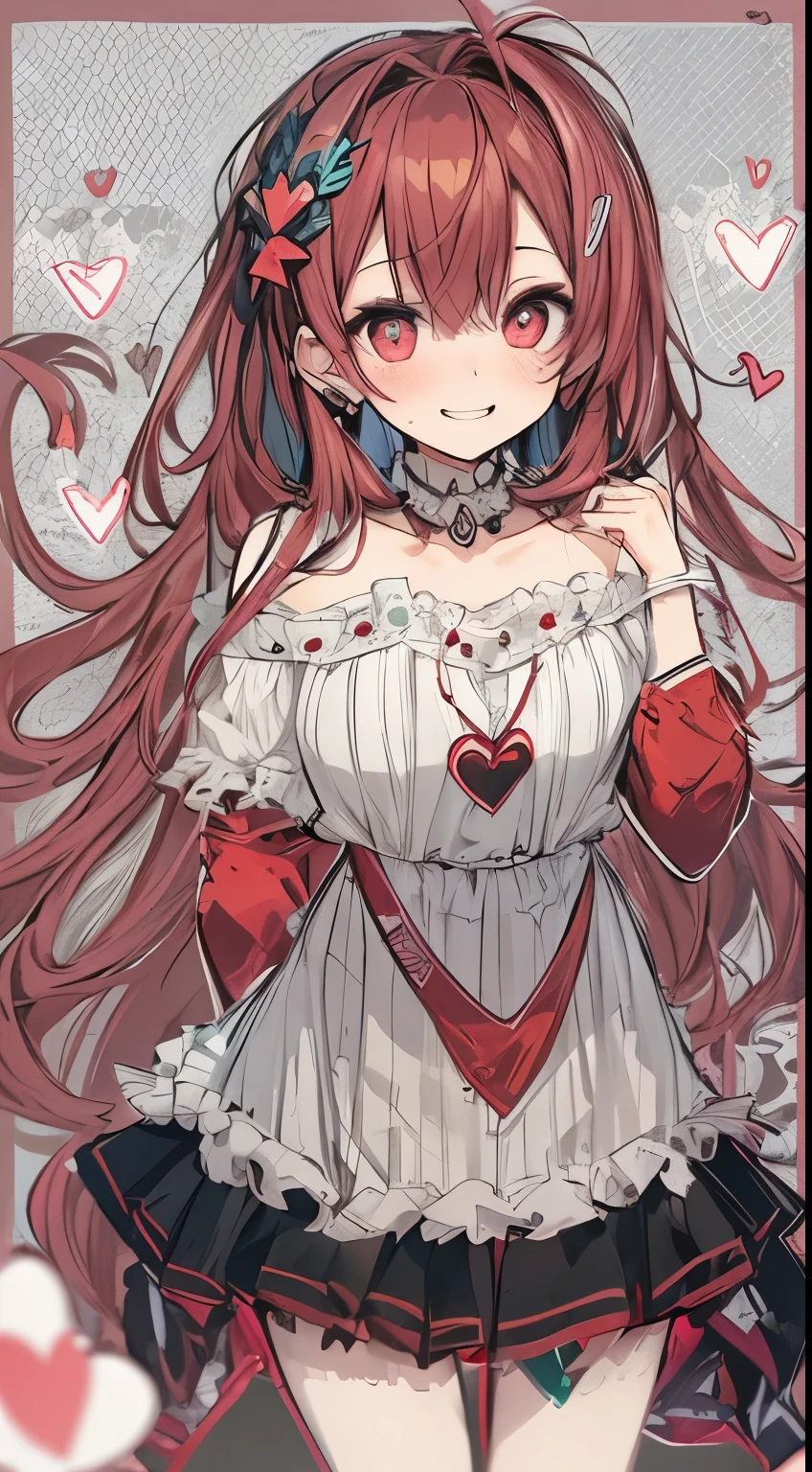 (small tits、1girl in、Put one hand on your face、Heart-shaped pupil,Red and Black theme,(blush:1.1),Choker,《trembling》,heart mark,(Smaller chest), ((Heavy breathing:1.3)), Smile, Evil smile, Laughing, Cute,full body Esbian、top-quality、masutepiece、1 Masterpiece Girl、Cheek makeup、loose, Pink frilly clothes inspired by yandere、I have very large dark circles under my eyes、ta Fashion、Colorful long hair、《Messy room》、Smile,, Evil smile, Laughing, Cute,