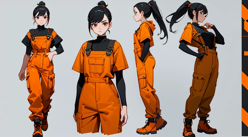 model sheet of a young woman, black hair, ponytail hairstyle, wearing orange overalls, with soldier shoes.