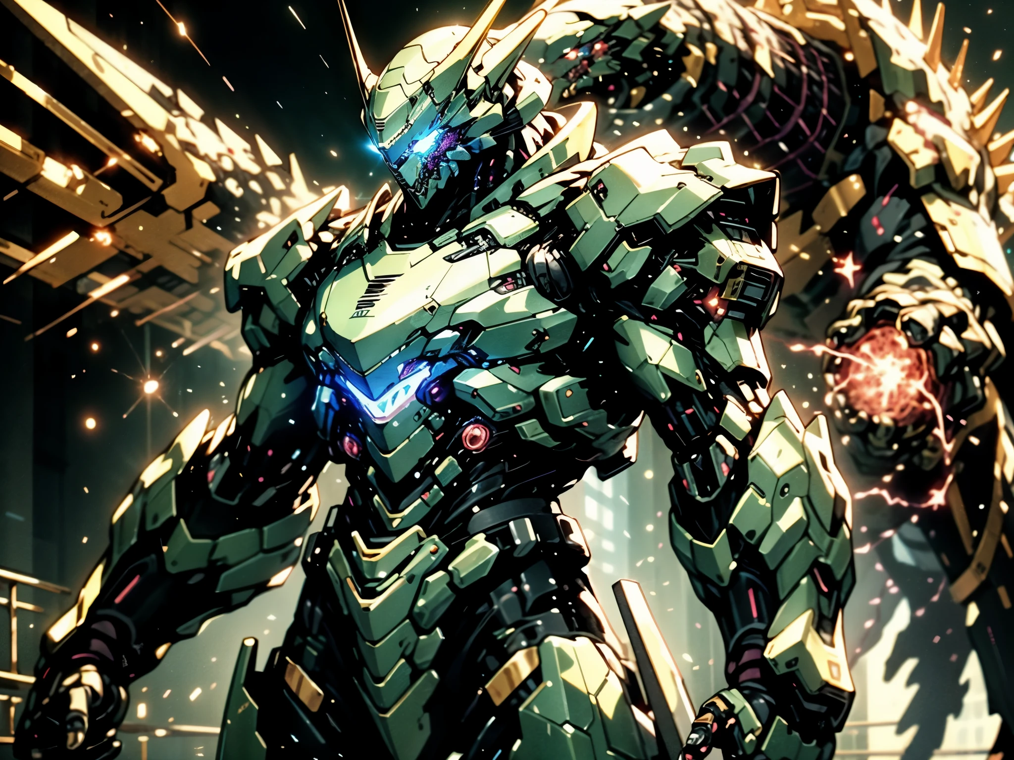 A high-tech combat armor suit inspired by Godzilla concept, Godzilla concept biotech battle armor, High-tech armored suits, psychedelic details, BiophyllTech, add electric power around, A bio-sensitive high-tech battle armor suit infused with Godzilla characteristics, The angular design on the body is illuminated and the display is charging, energy waves, Energy particles, octane render, unreal engine 5, high definition, best quality, highres, ultra-detailed, fantasy, Ultra-complex design, ultra-fine painting, extremely delicate, professional, perfect images quality, realistic, sure real, creativity, RAW photo, UHD, 32k, Natural light, cinematic lighting, best shadow, anatomically correct, masterpiece-anatomy-perfect, masterpiece:1.5