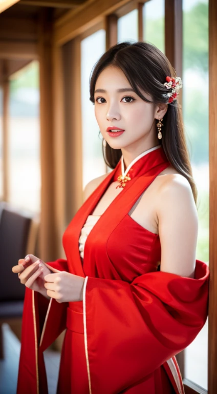best quality, masterpiece, highres, 1girl, china hanfu,chinese architect background, red scarf, hair ornament,necklace, jewelry,Beautiful face,upon_body, tyndall effect,photorealistic, dark studio, rim lighting, two tone lighting,(high detailed skin:1.2), 8k uhd, dslr, soft lighting, high quality, volumetric lighting, candid, Photograph, high resolution, 4k, 8k, Bokeh,red dress girl