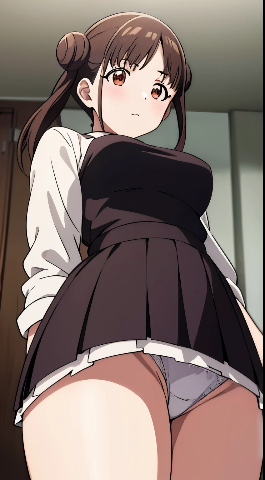 Girl seen from the floor, It's okay to wear a skirt, View from below, I can see my panties, medium breasts, ((Very detailed)), (Perfectly detailed face), (Highly detailed hands),White panty,up skirt,Lace panties on top of a huge dick,chiyoko sonoda, brown hair, (red eyes:1.5), hair bun, long hair, double bun, sidelocks,