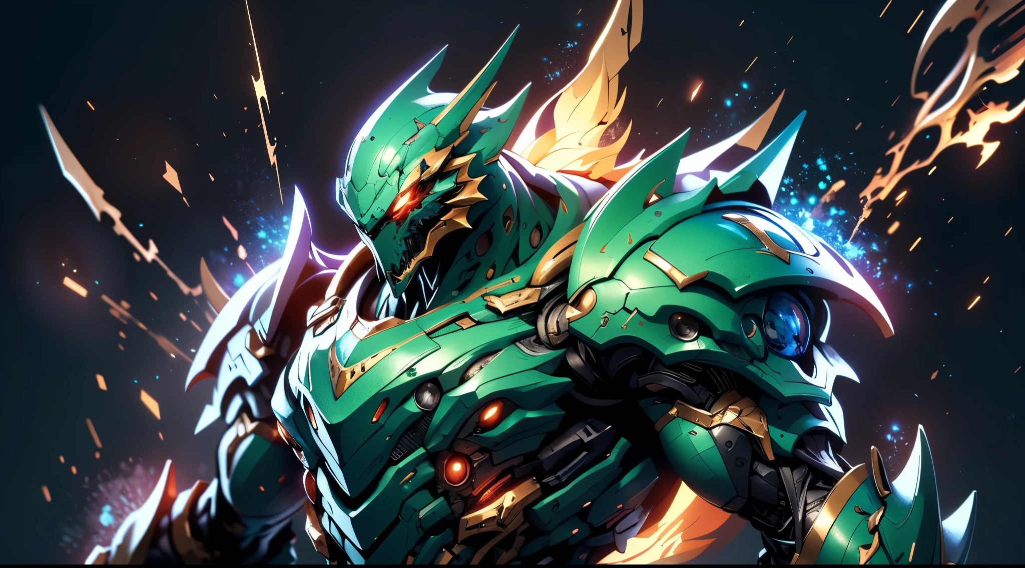 A high-tech combat armor suit inspired by Godzilla concept, Godzilla concept biotech battle armor, High-tech armored suits, psychedelic details, BiophyllTech, add electric power around, A bio-sensitive high-tech battle armor suit infused with Godzilla characteristics, The angular design on the body is illuminated and the display is charging, energy waves, Energy particles, octane render, unreal engine 5, high definition, best quality, highres, ultra-detailed, fantasy, Ultra-complex design, ultra-fine painting, extremely delicate, professional, perfect images quality, realistic, sure real, creativity, RAW photo, UHD, 32k, Natural light, cinematic lighting, best shadow, anatomically correct, masterpiece-anatomy-perfect, masterpiece:1.5