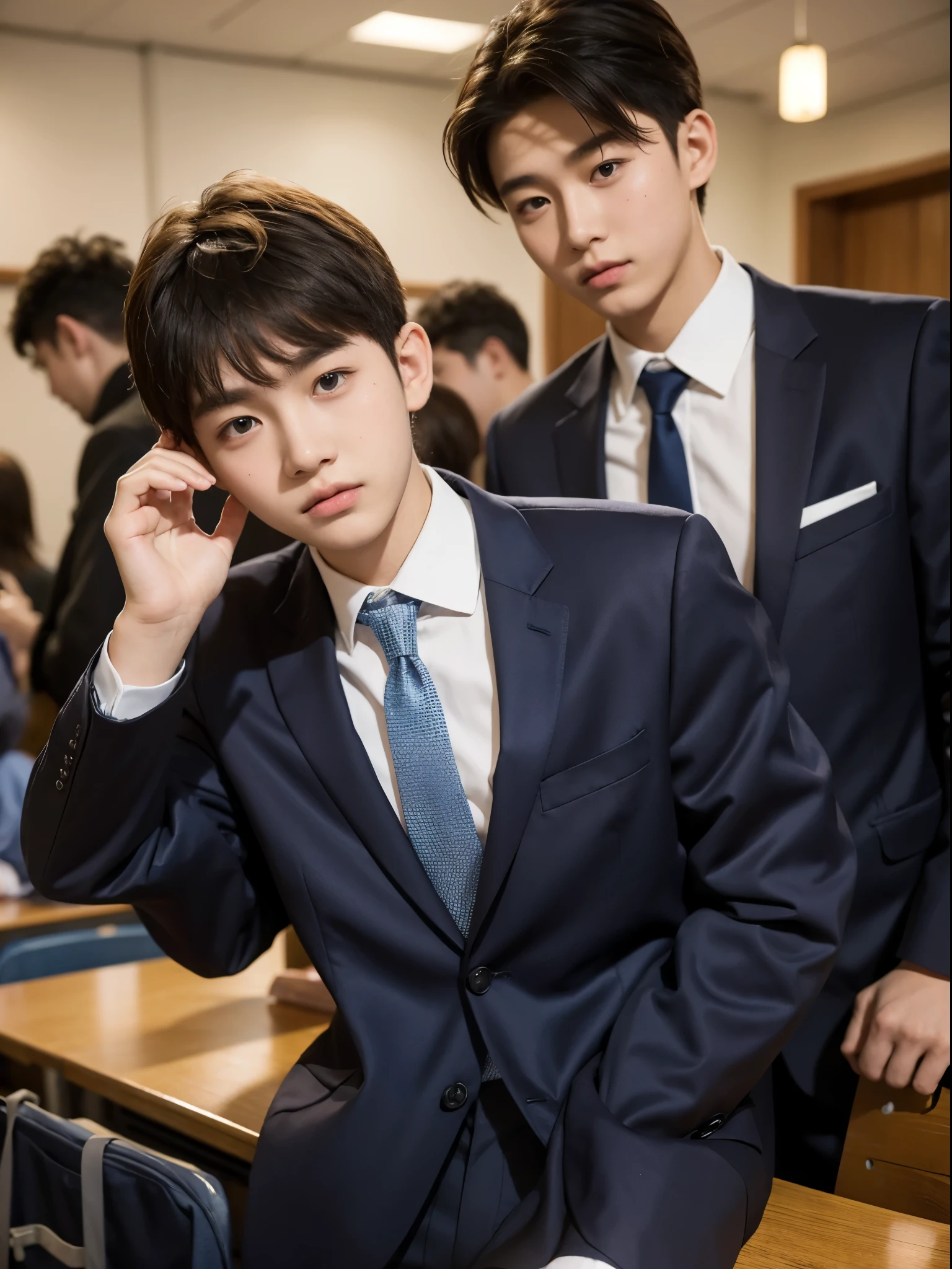 boy, 17 y.o, suit, school canteen