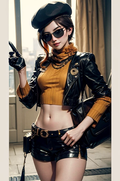 (masterpiece, best quality:1.2), cowboy shot, solo, 1girl, coco adel, grin, looking at viewer, hand on hip, beret, sunglasses, orange t-shirt , black gloves, shorts, jewelry, standing in gym