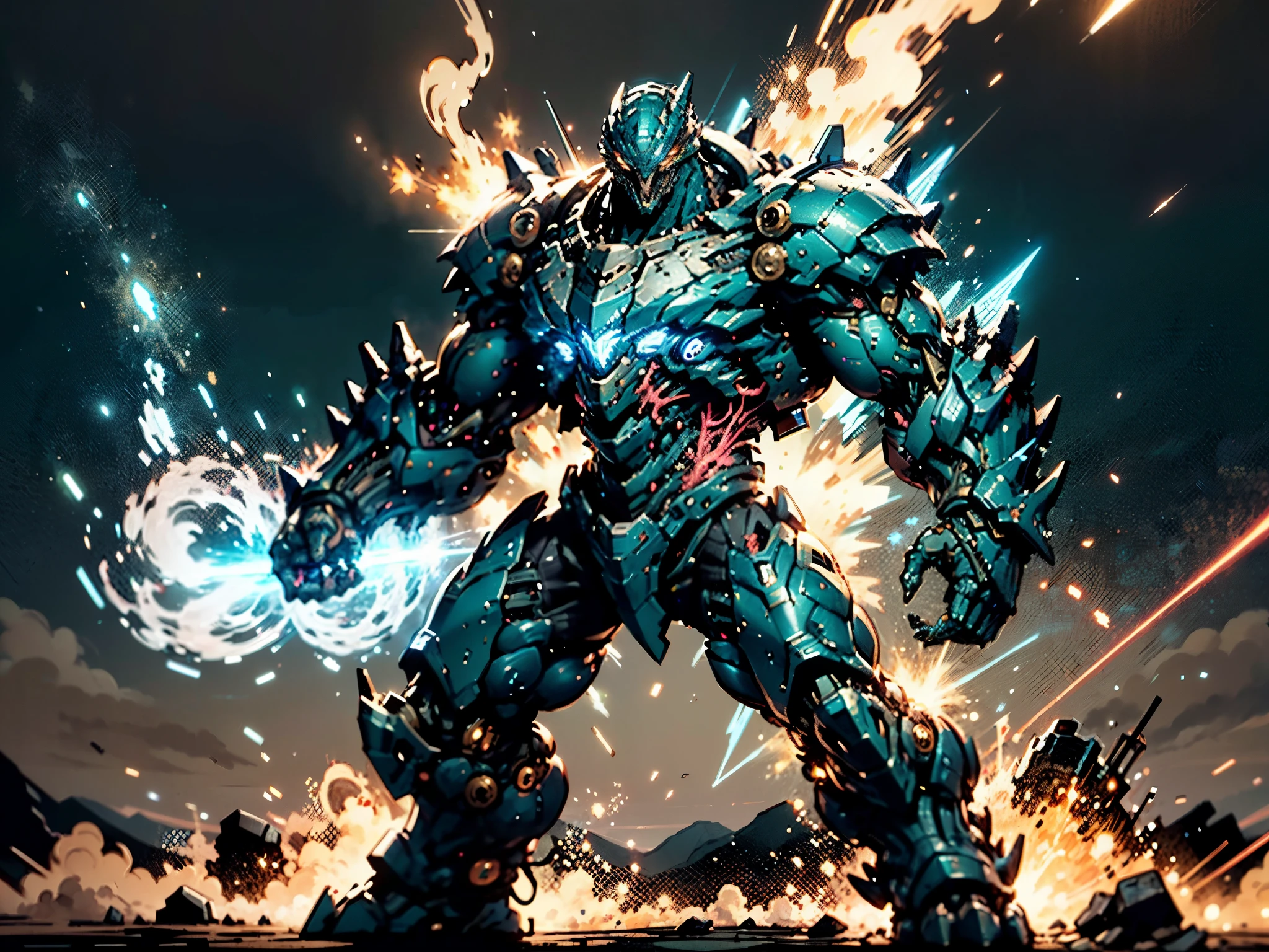 A high-tech combat armor suit inspired by Godzilla concept, Godzilla concept biotech battle armor, High-tech armored suits, psychedelic details, BiophyllTech, add electric power around, A bio-sensitive high-tech battle armor suit infused with Godzilla characteristics, The angular design on the body is illuminated and the display is charging, energy waves, Energy particles, octane render, unreal engine 5, high definition, best quality, highres, ultra-detailed, fantasy, Ultra-complex design, ultra-fine painting, extremely delicate, professional, perfect images quality, realistic, sure real, creativity, RAW photo, UHD, 32k, Natural light, cinematic lighting, best shadow, anatomically correct, masterpiece-anatomy-perfect, masterpiece:1.5