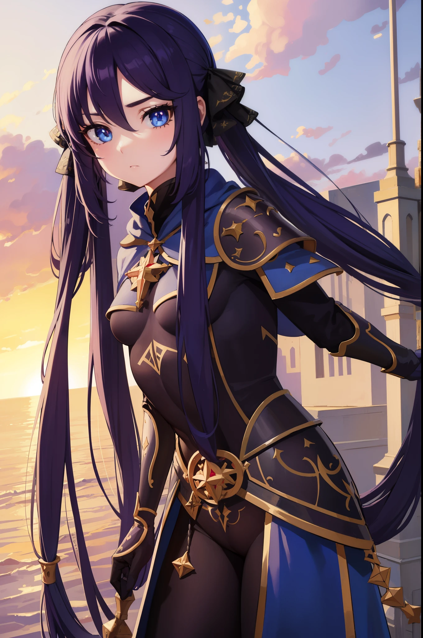 monamegistus, mona, blue eyes, hair between eyes, twintails, very long hair, purple hair, (small breast:1.2), wearing plate armor, knight armor, outdoors, city, looking at viewer, (masterpiece:1.2), best quality, high resolution, unity 8k wallpaper, (illustration:0.8), (beautiful detailed eyes:1.6), extremely detailed face, perfect lighting, extremely detailed CG, (perfect hands, perfect anatomy),