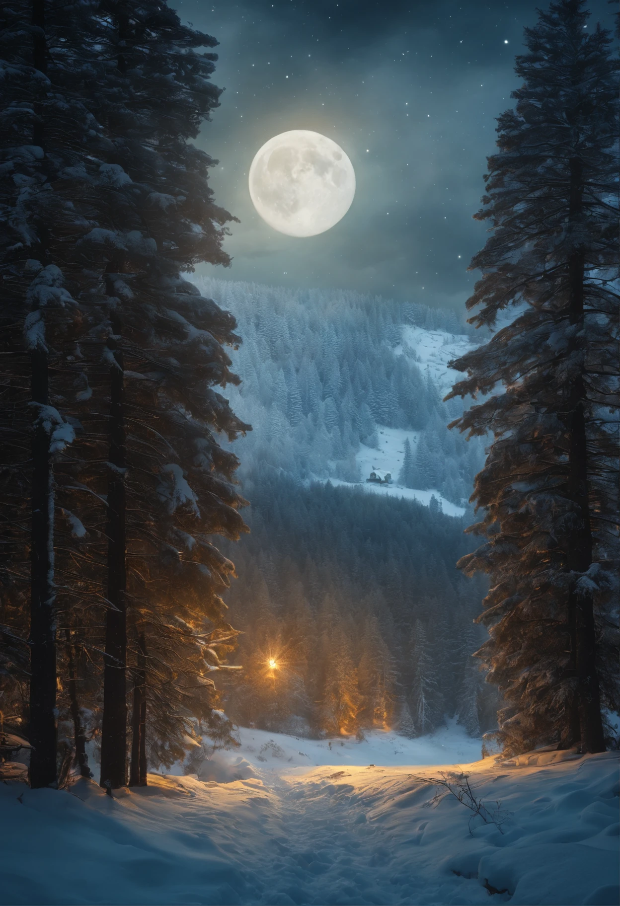 4k, HDR, hiquality, butterflies on a tree (huge snow-covered spruce) , Beautiful, Mythical hero, looking at the side, snowing, Caves, Cityscape in steampunk style, Close Sky, Stars, Clouds, Fiery Sky, Space, luna, artists Gregory Crewdson and Albrecht Anker
