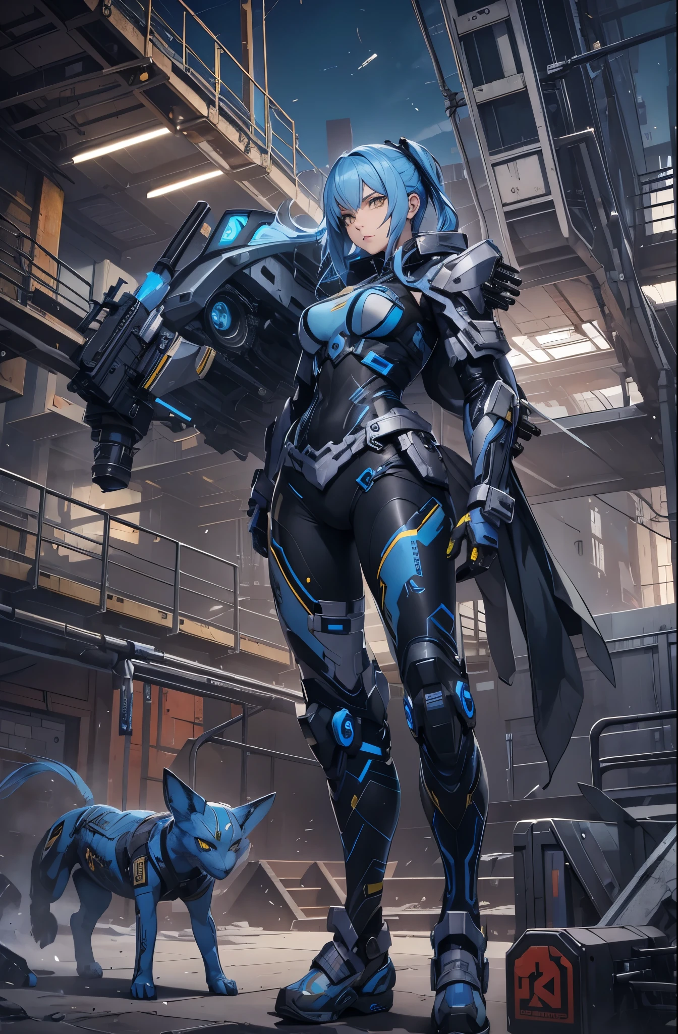 1female, blue hair, yellow eyes, wearing modern combat suit, beautiful, model, 4k, official art, highly detailed, masterpiece