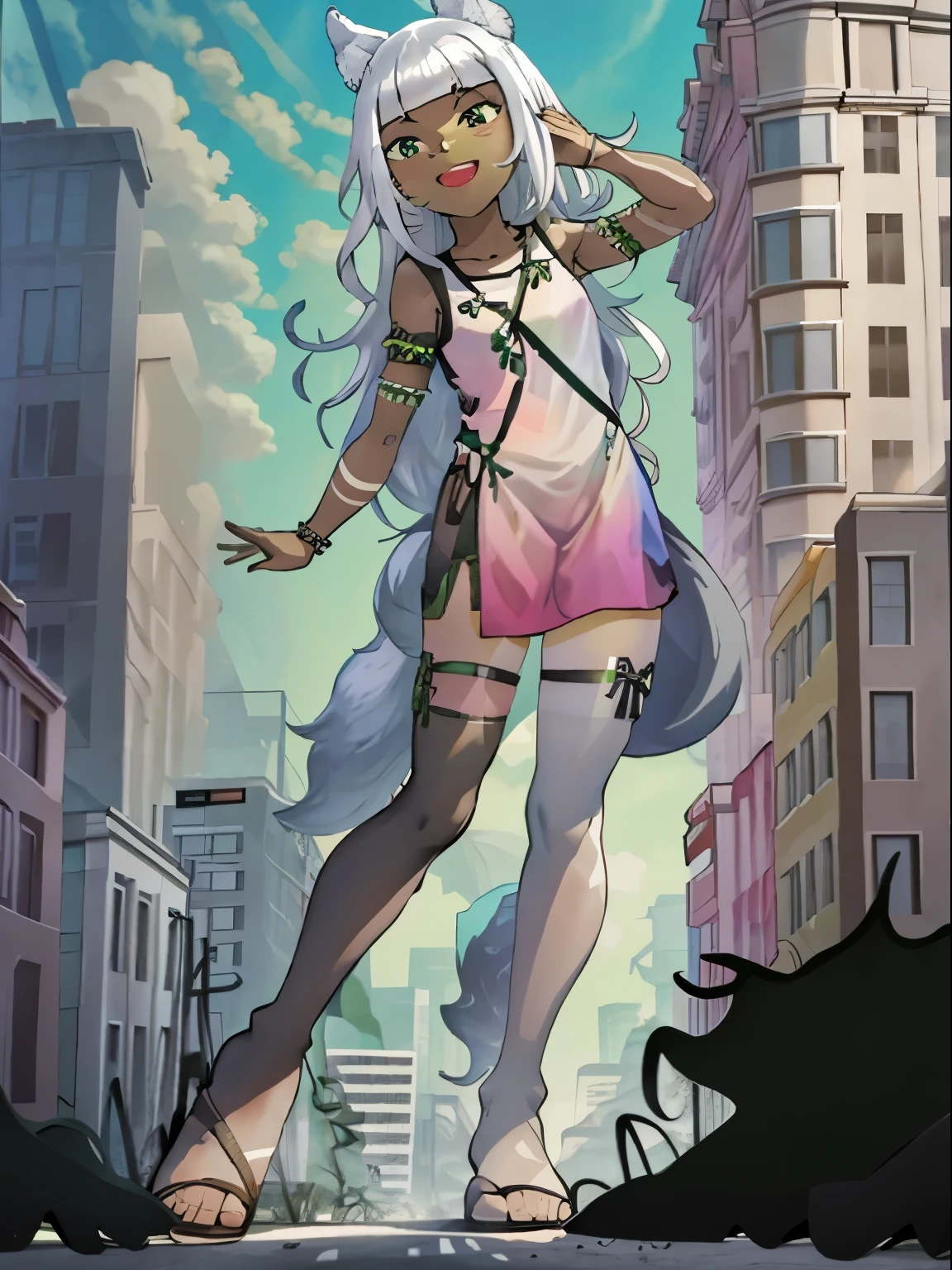Ochette, girl, dark skin, white hair, green eyes, giantess, huge, small viewer, 70 ft tall, cute, full body, best quality, pink dress, metal bracelets, larger than buildings, flat ground, street, ground visible, black shorts, wearing shorts, adorable, kind, gentle, empty hands, small build, slim, smiling, detailed mouth, size difference, standing over skyscrapers, sandals, tiny city, socks, loose clothes, perfect proportions, wolf tail